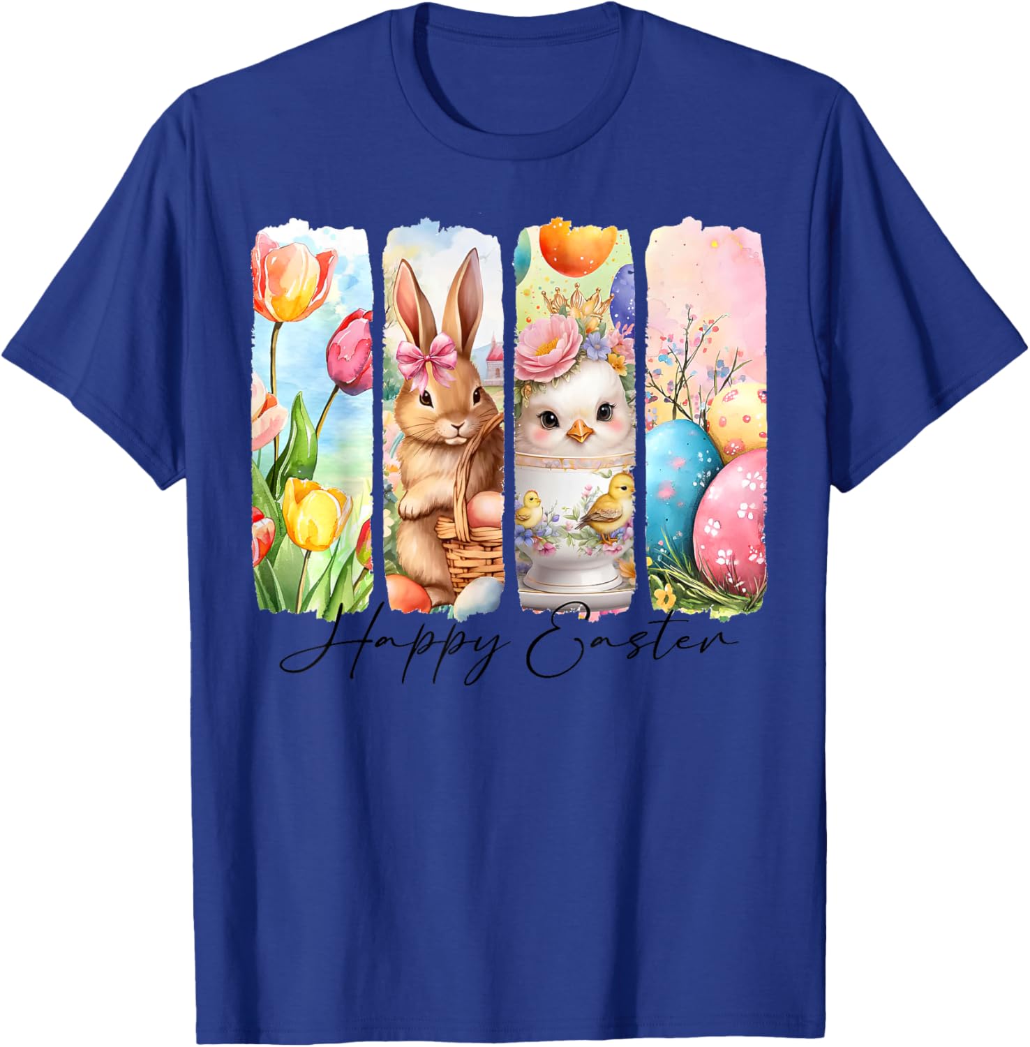 Retro Happy Easter Bunny and Chick T-Shirt with Floral Design - 13