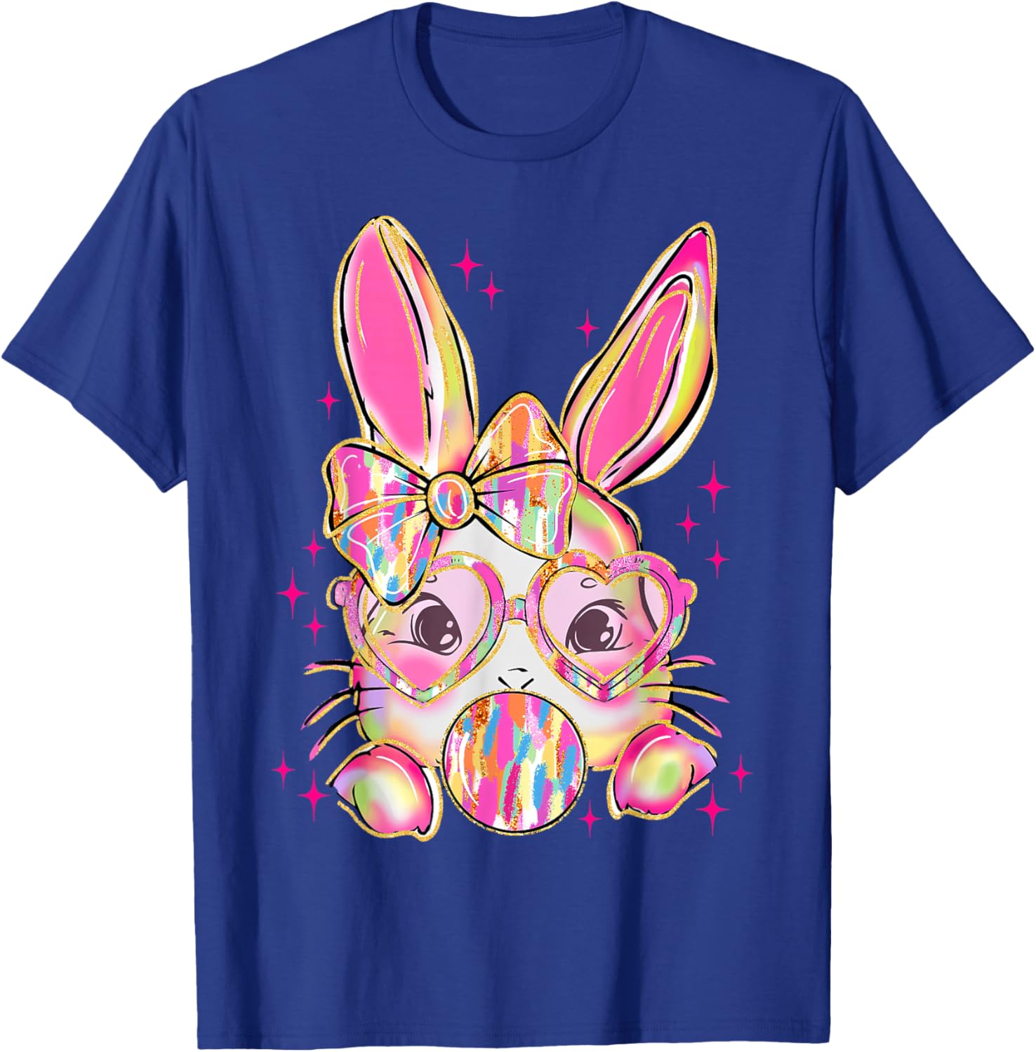 Cute Brushstroke Bunny Blowing Bubble Gum Easter Bow T-Shirt for Kids - 14