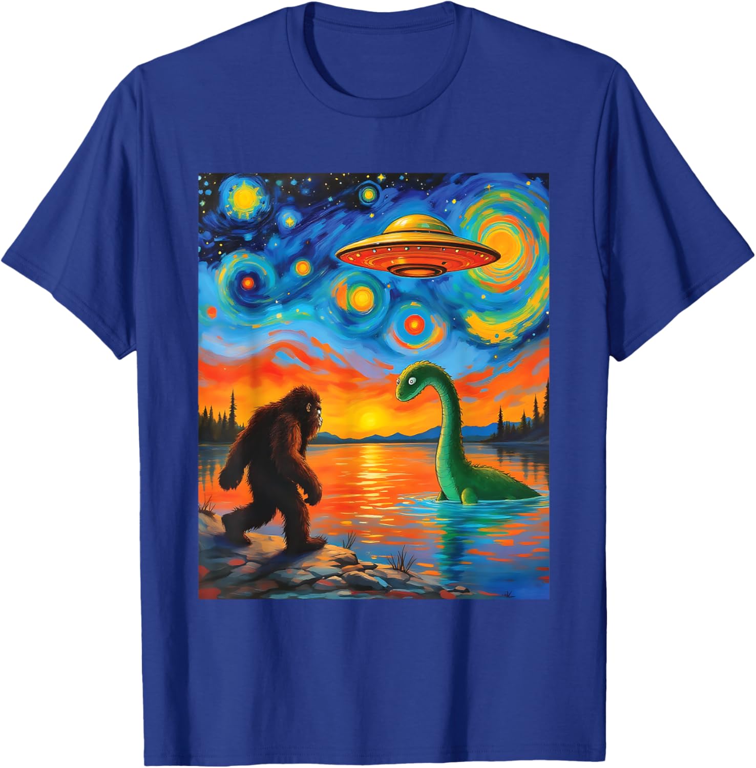Bigfoot UFO Alien Encounter T-Shirt Inspired by Van Gogh's Starry Night - 29