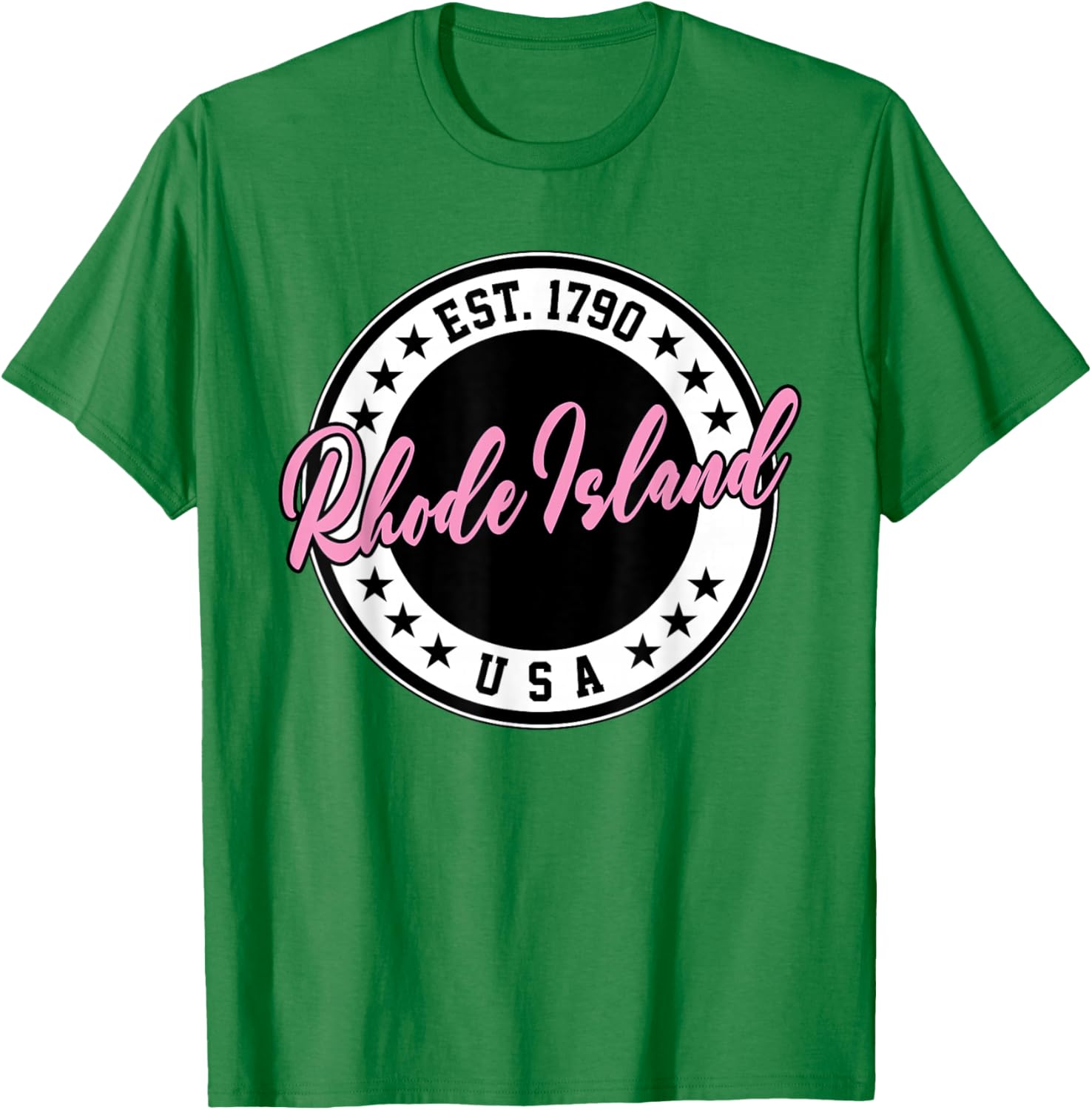 Rhode Island USA Script Circle Pink Text T-Shirt for Stylish Comfort - 29