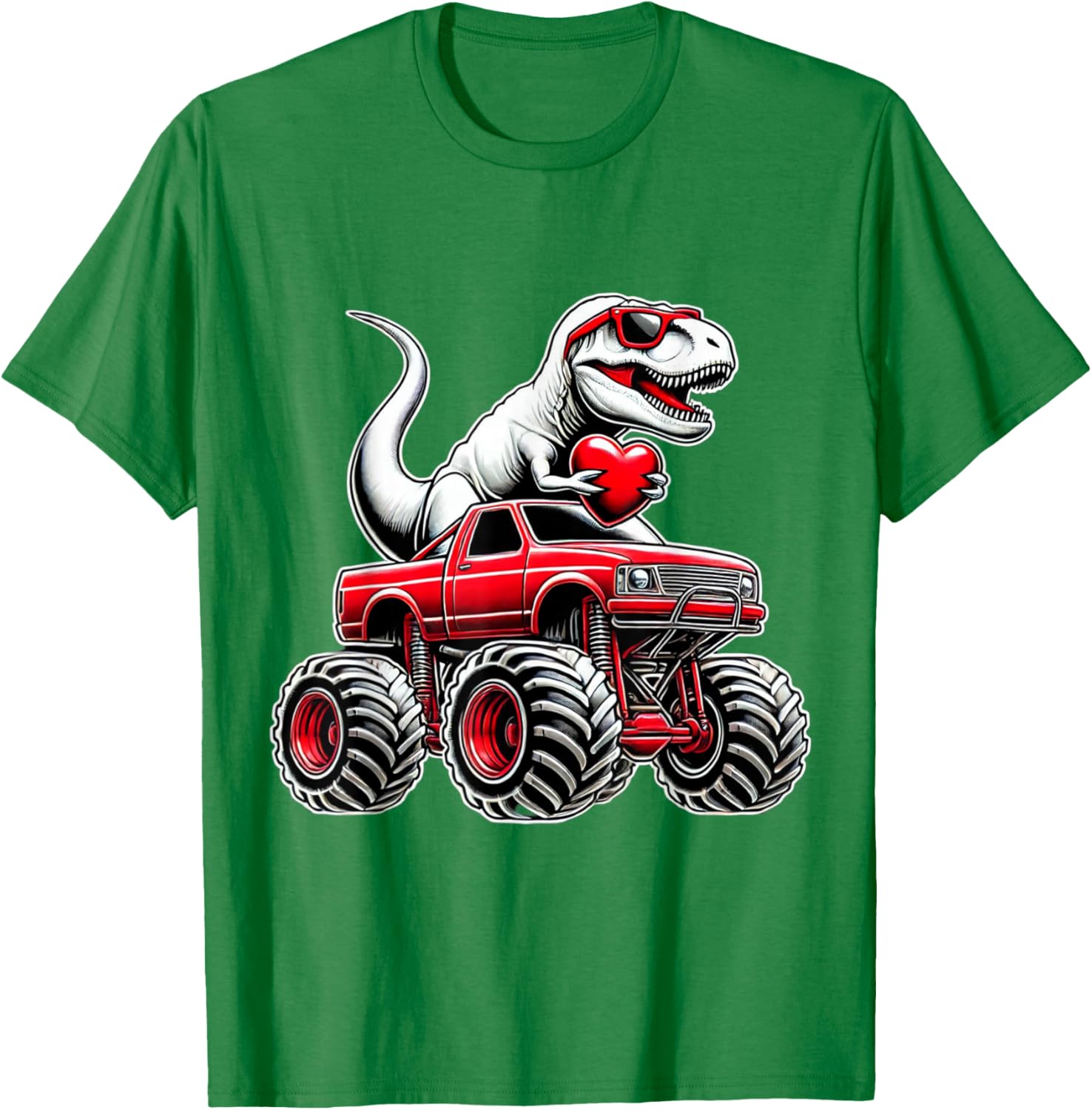 Funny T Rex Riding Monster Truck T-Shirt for Boys Celebrating Valentine's Day - 12