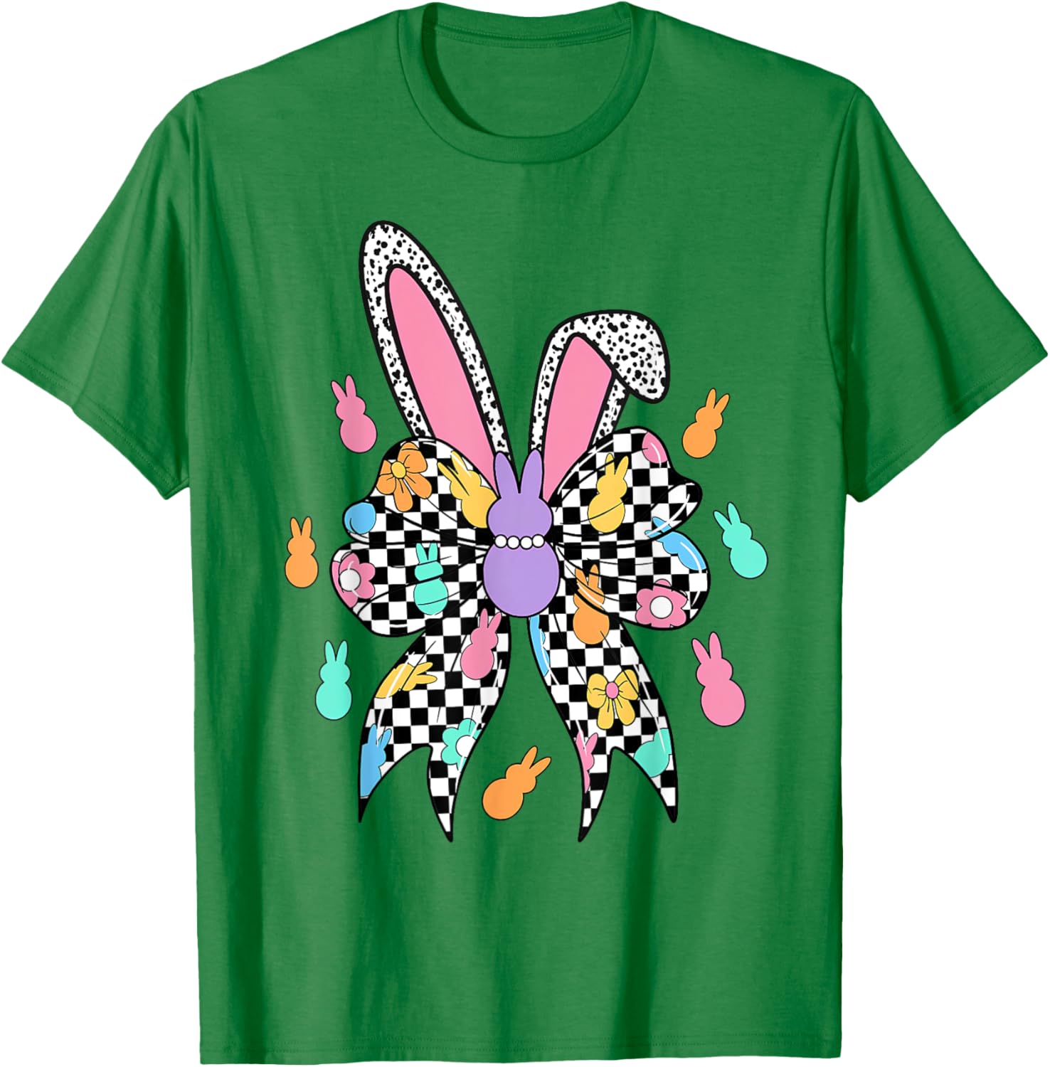 Happy Easter Checkered Bunny Bow Ears T-Shirt for Women and Girls - 24