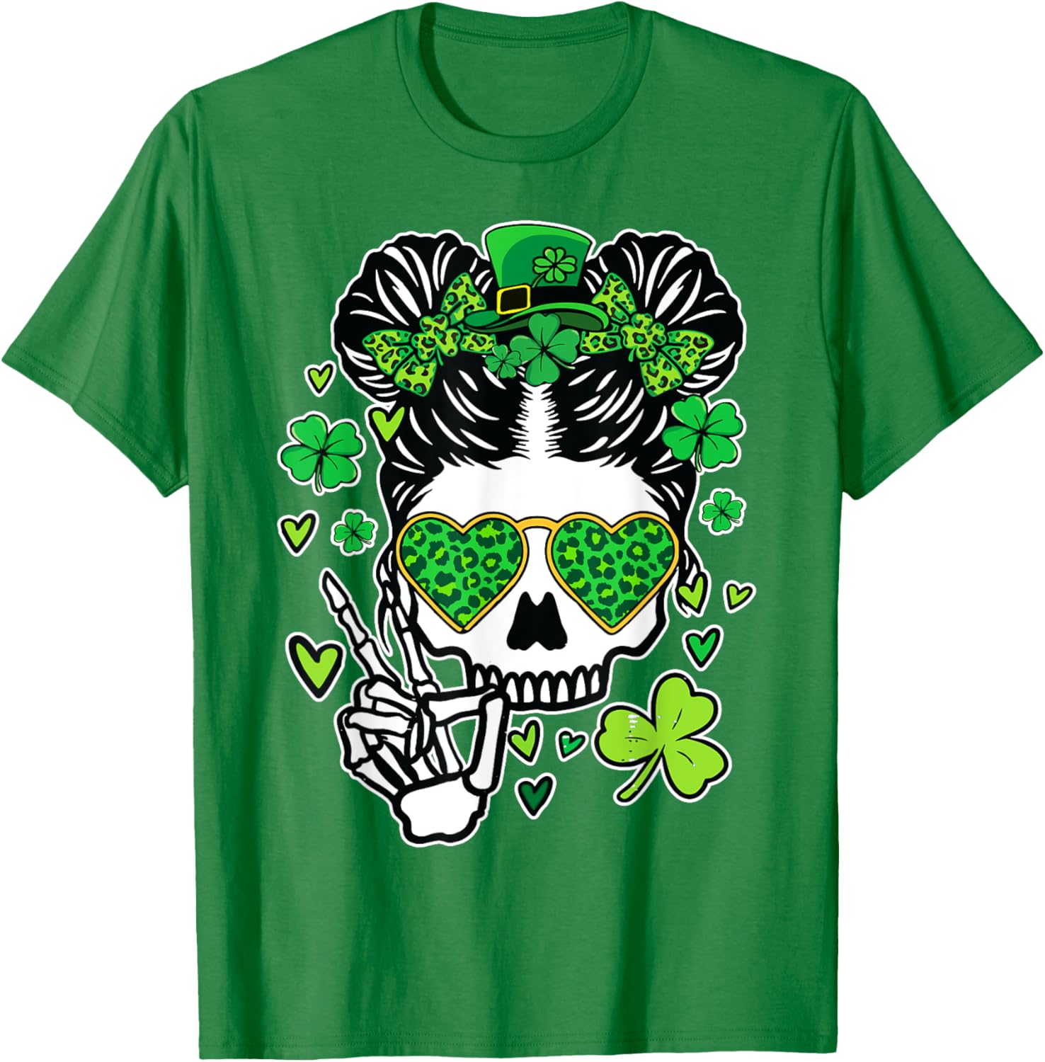 St Patrick's Day Skull Messy Bun Women’s T-Shirt for Festive Style - 1