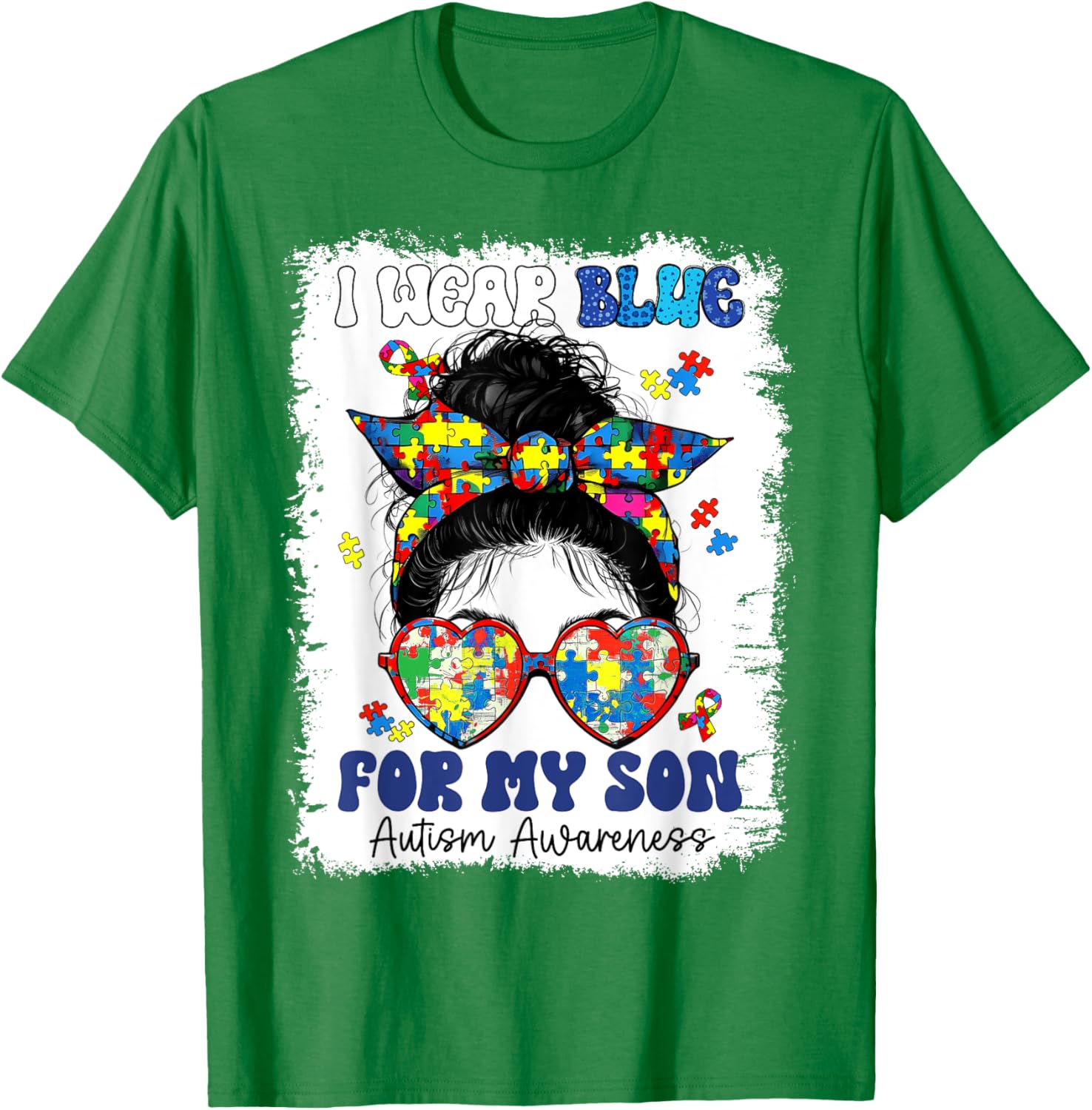 Mom Messy Bun Autism Awareness Puzzle T-Shirt for Proud Mothers - 13