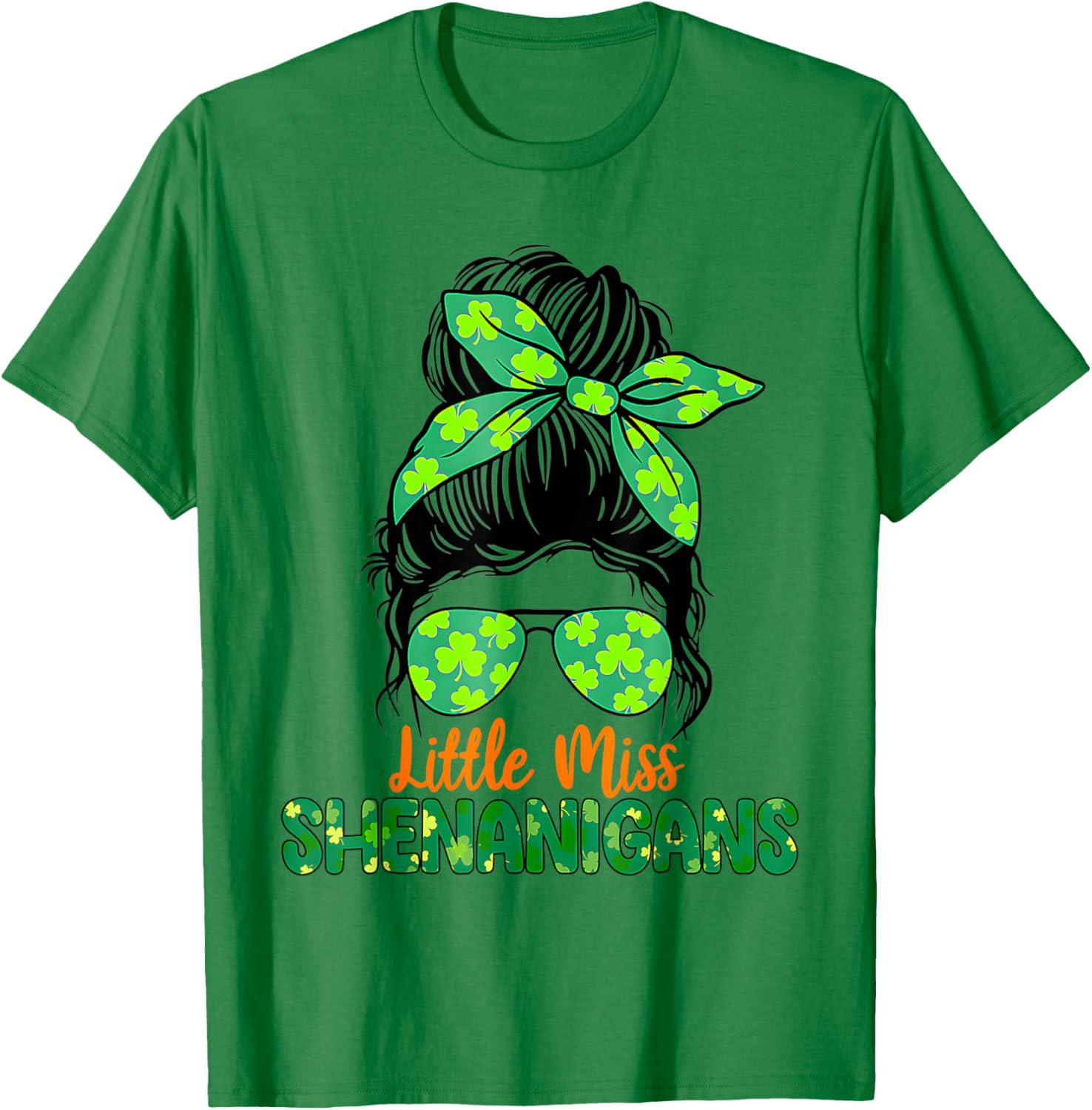 Messy Bun Little Miss Shenanigans St Patricks Day T-Shirt for Girls - 1