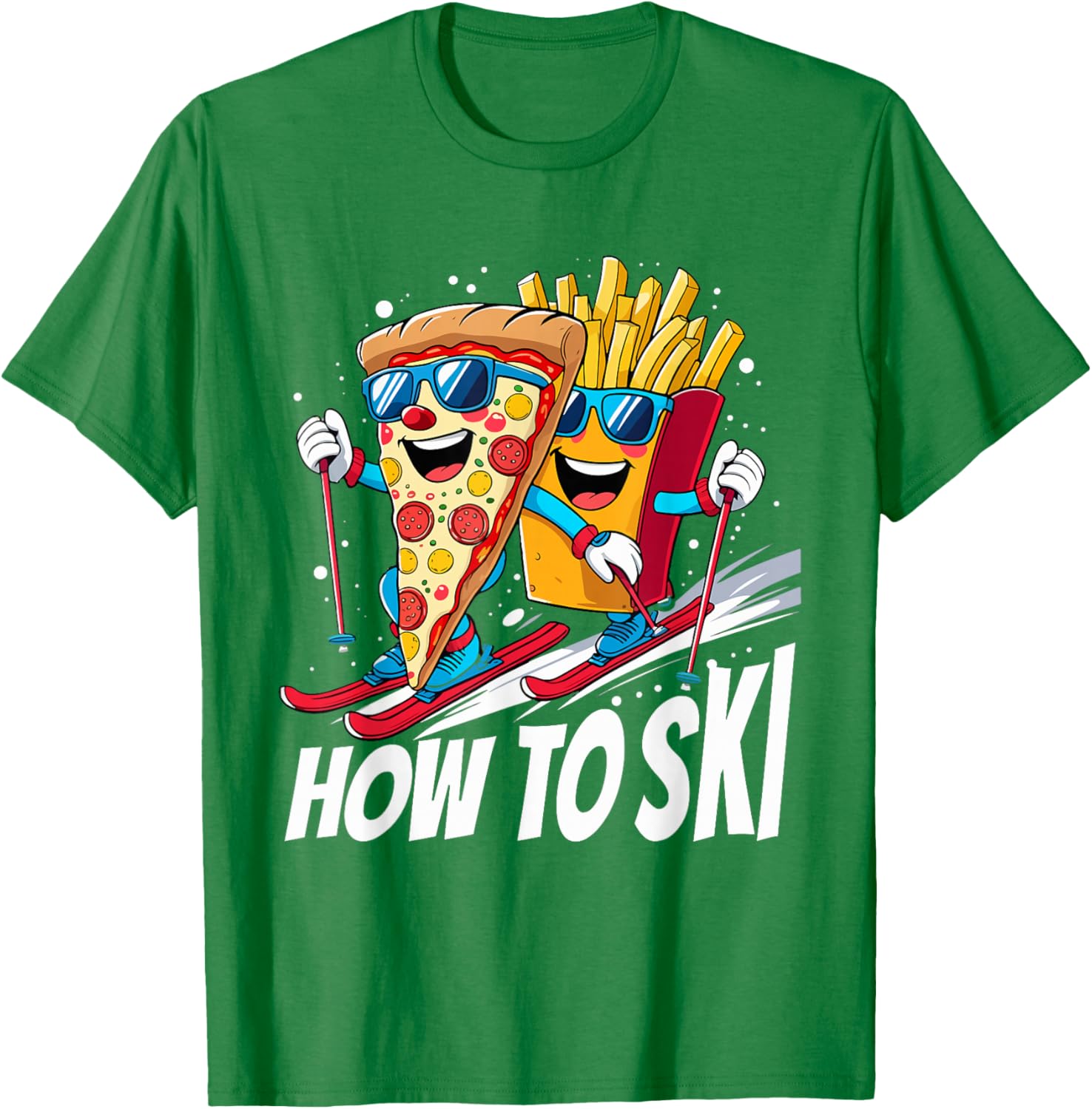 Funny Pizza French Fries Skiing T-Shirt for Ski Lovers and Enthusiasts - 14