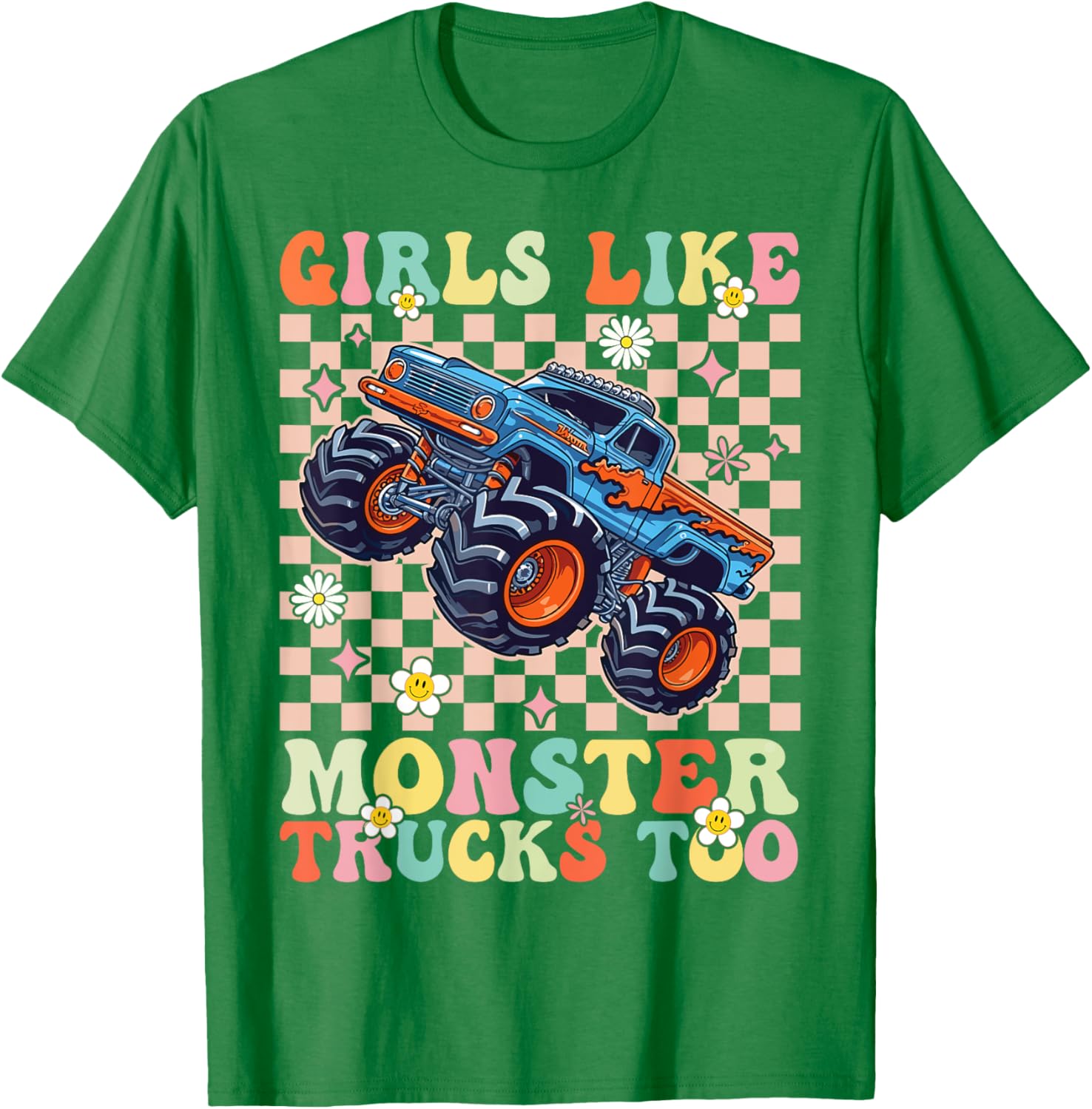 Funny Girls Love Monster Trucks Too Pink T-Shirt for Kids and Teens - 4