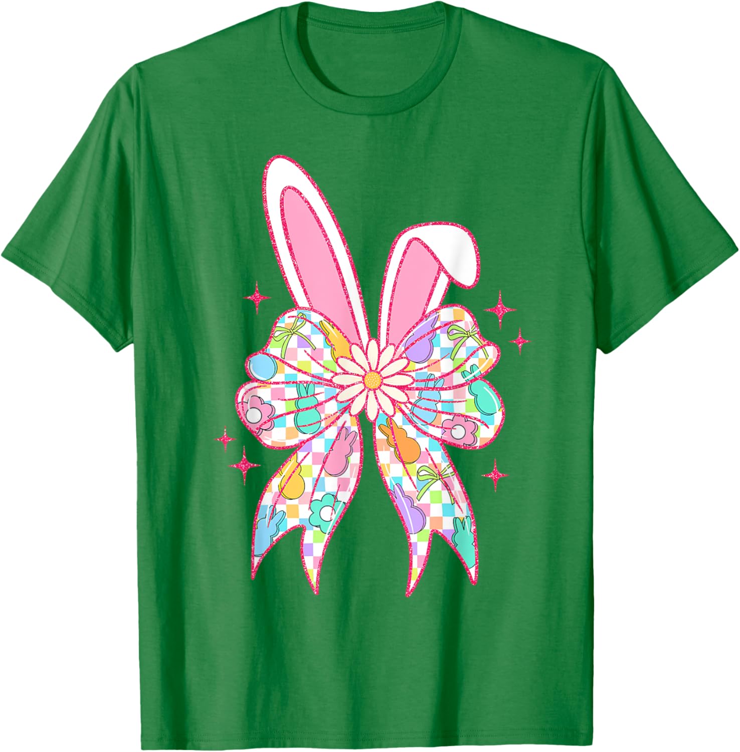 Groovy Checkered Bunny Bow Ears T-Shirt for Girls and Teens - 15
