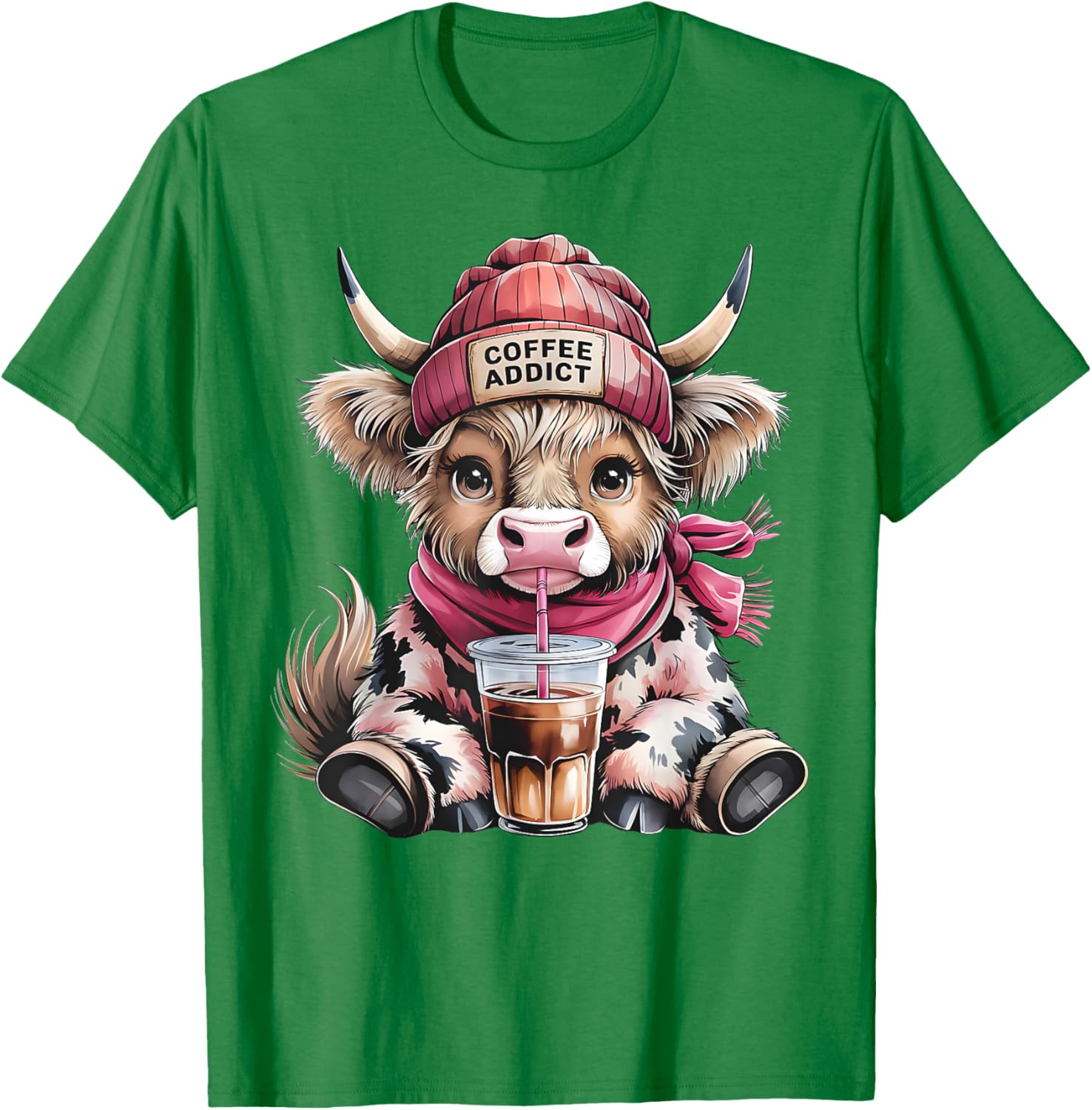 Cute Highland Cow Coffee Addict T-Shirt for Women with Beanie Hat - 14