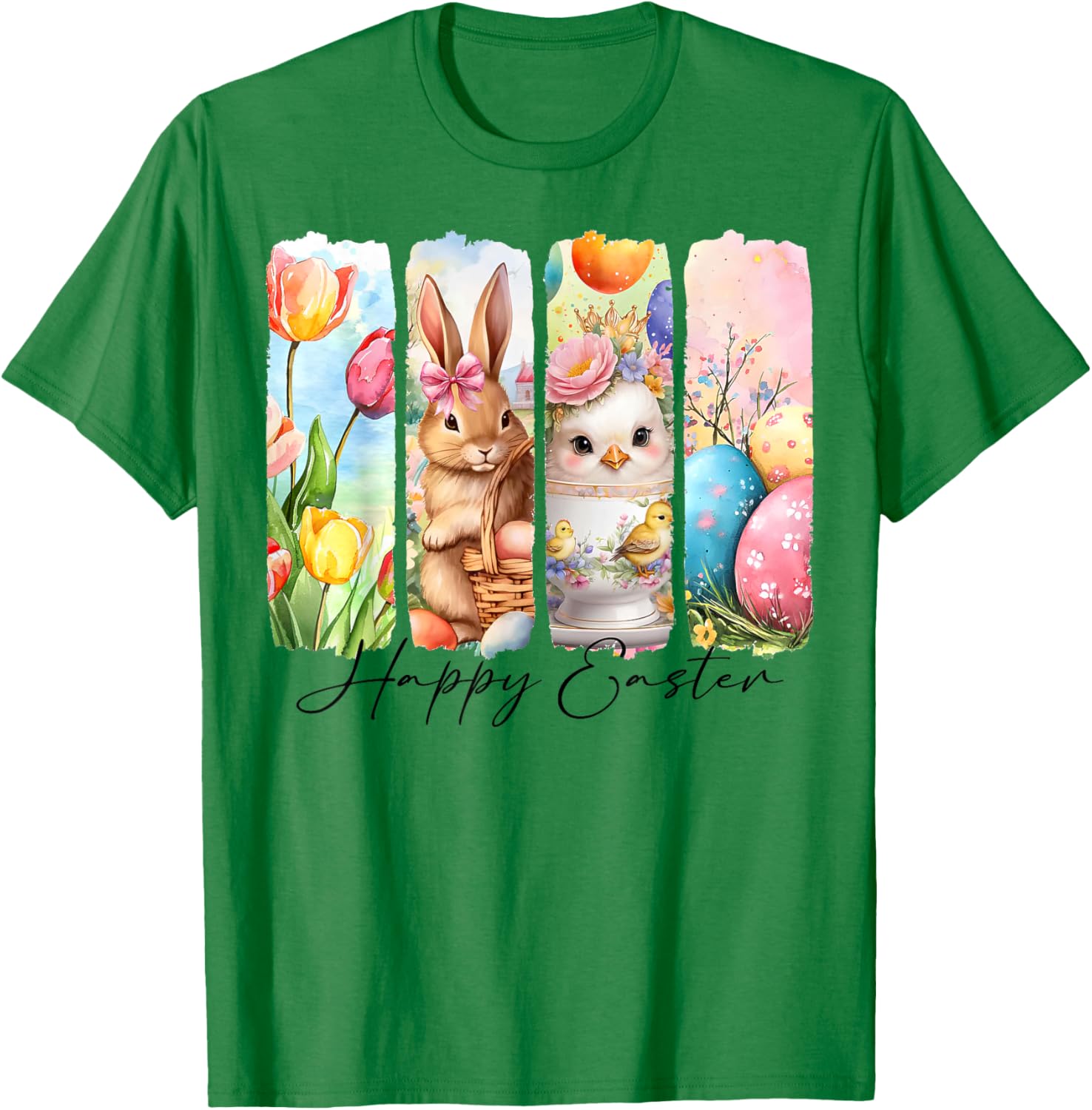 Retro Happy Easter Bunny and Chick T-Shirt with Floral Design - 1