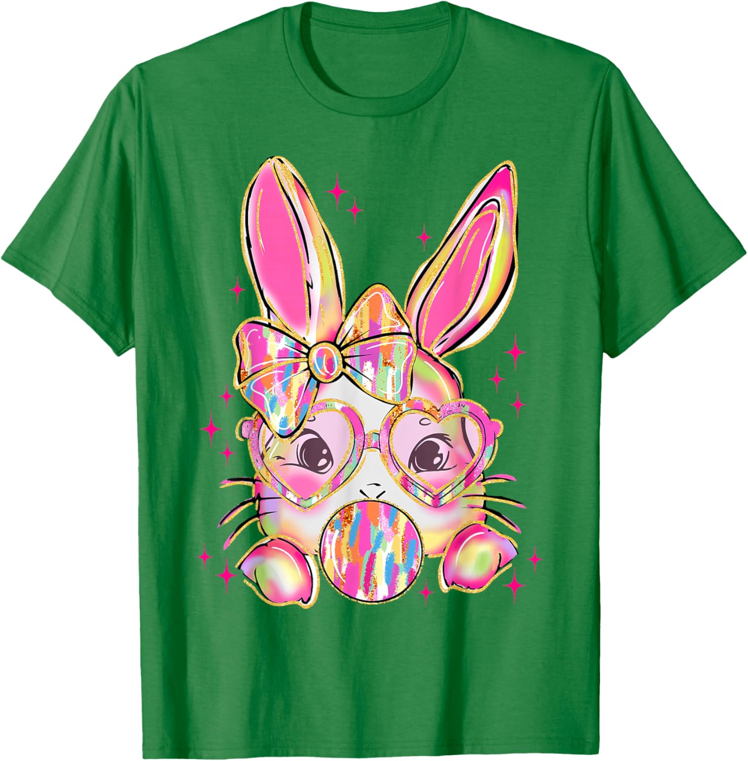 Cute Brushstroke Bunny Blowing Bubble Gum Easter Bow T-Shirt for Kids - 18
