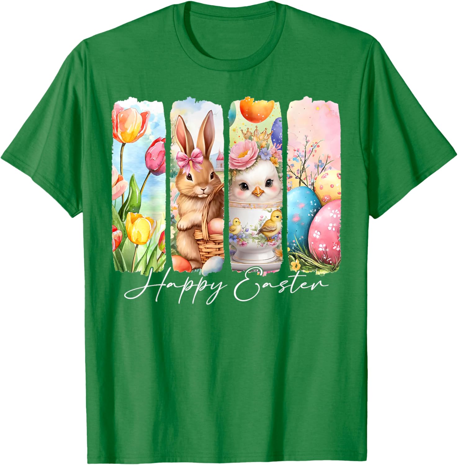 Retro Bunny and Chick Happy Easter T-Shirt with Floral Design - 6