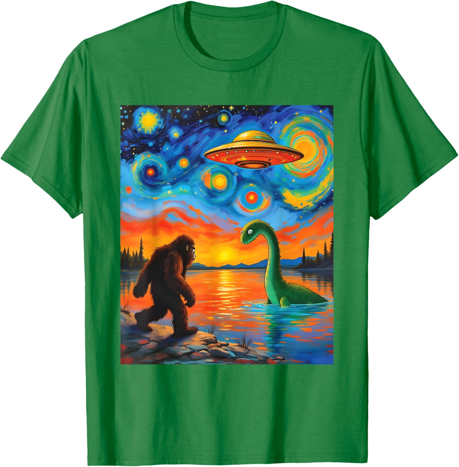 Bigfoot UFO Alien Encounter T-Shirt Inspired by Van Gogh's Starry Night - 28