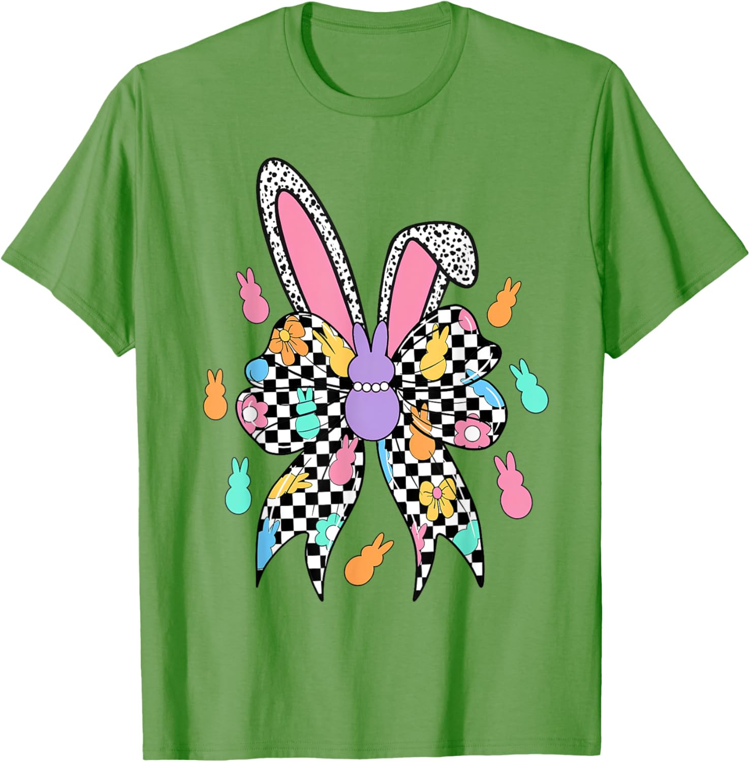 Happy Easter Checkered Bunny Bow Ears T-Shirt for Women and Girls - 3