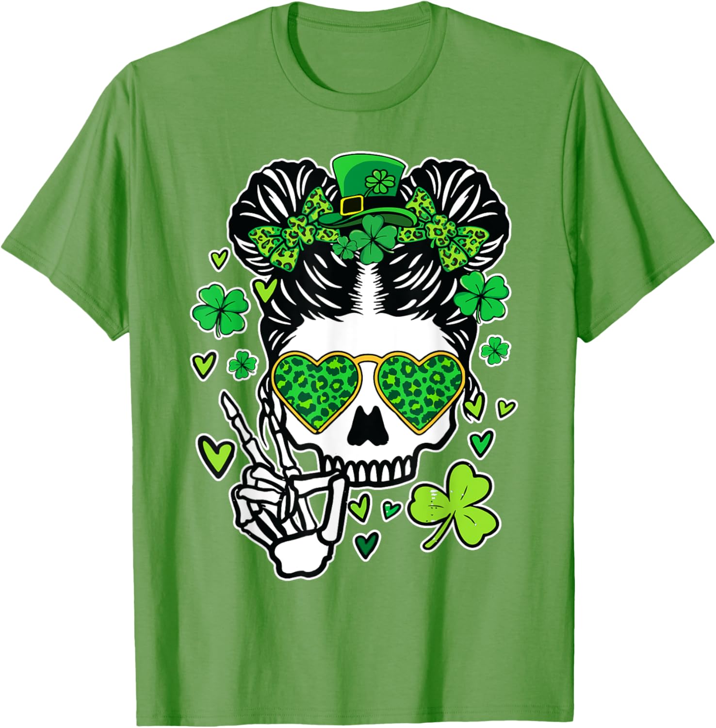 St Patrick's Day Skull Messy Bun Women’s T-Shirt for Festive Style - 15