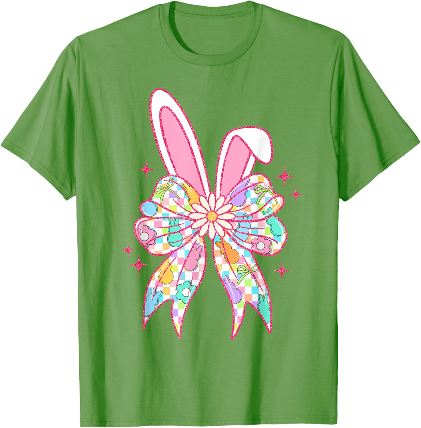 Groovy Checkered Bunny Bow Ears T-Shirt for Girls and Teens - 23