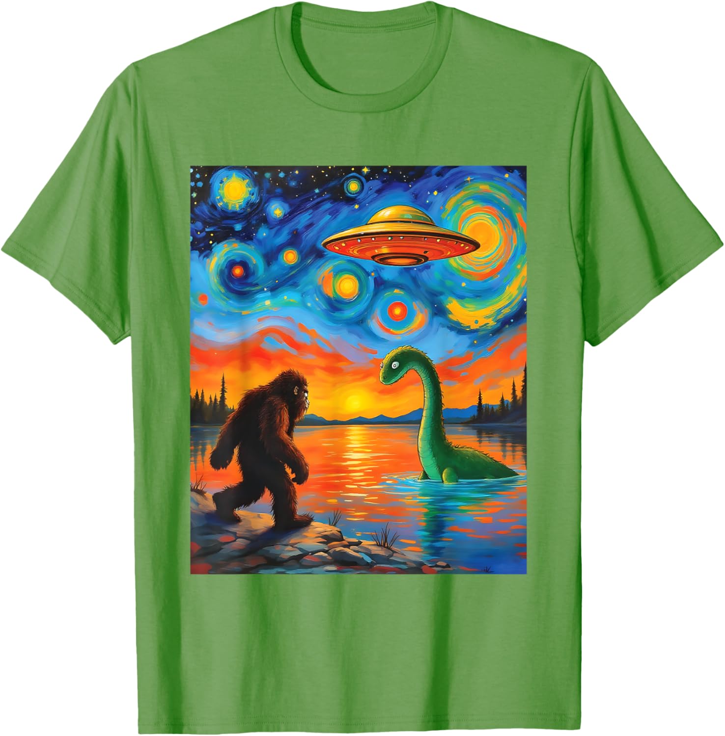 Bigfoot UFO Alien Encounter T-Shirt Inspired by Van Gogh's Starry Night - 6