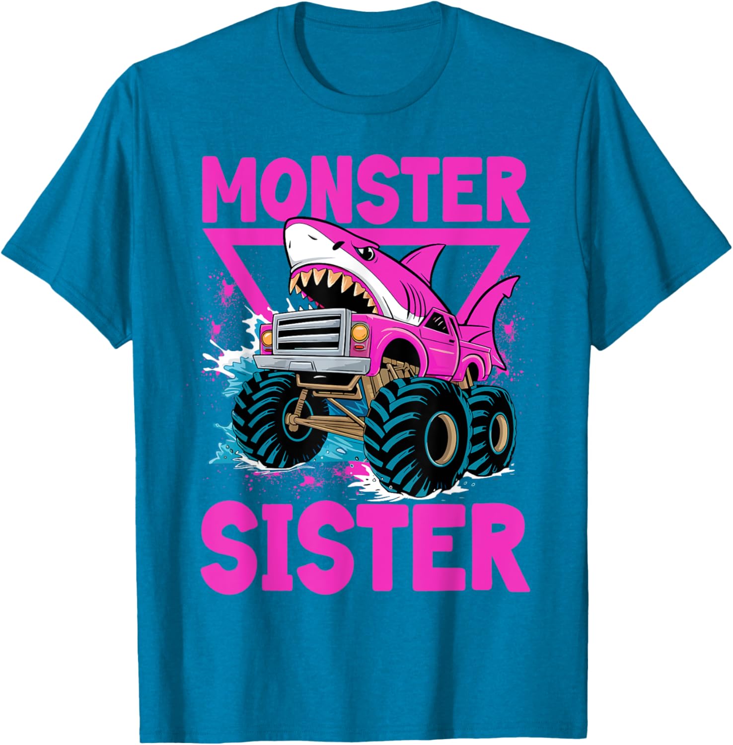 Pink Shark Monster Truck T-Shirt for Girls - Fun Sister Jam Shirt - 14