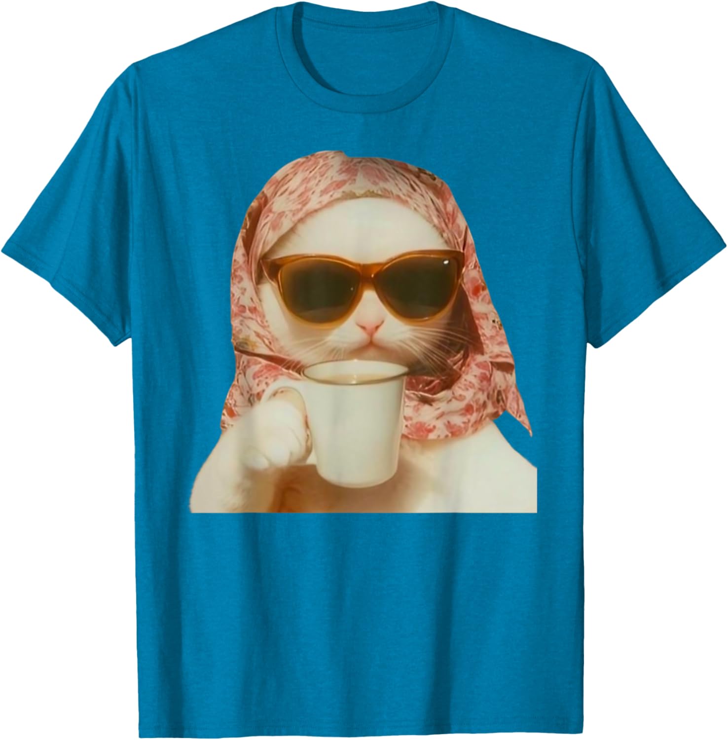 Funny Cat with Glasses and Headscarf Holding Cup T-Shirt for All Ages - 7