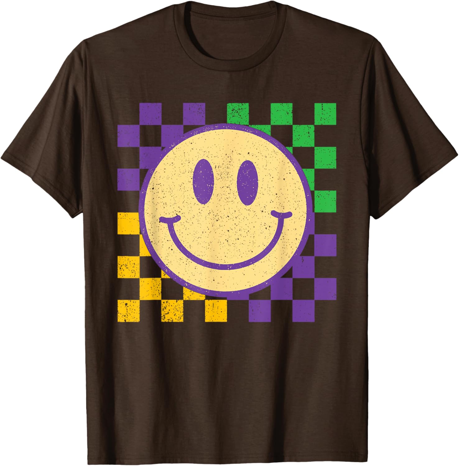 Groovy Mardi Gras Smile Face Checkered T-Shirt for Men, Women, Kids - 8