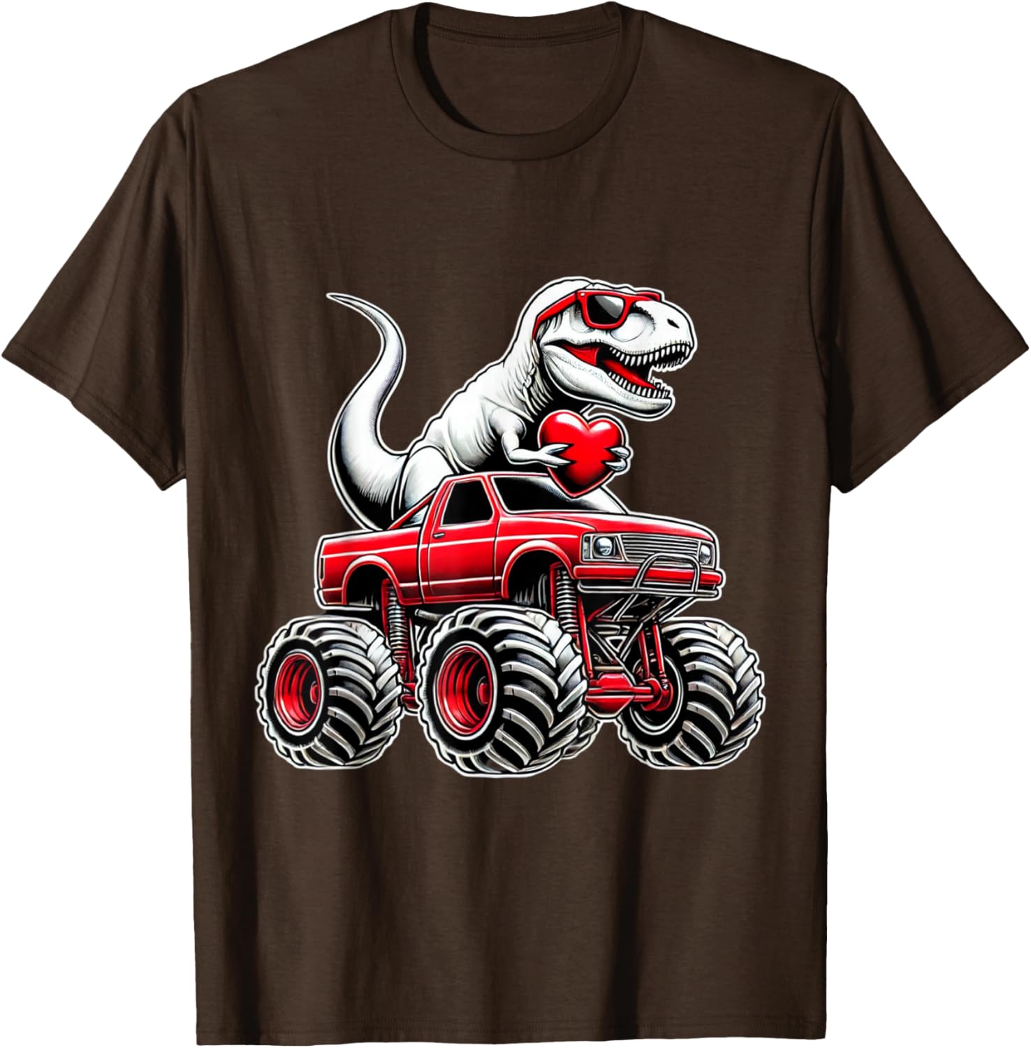 Funny T Rex Riding Monster Truck T-Shirt for Boys Celebrating Valentine's Day - 15