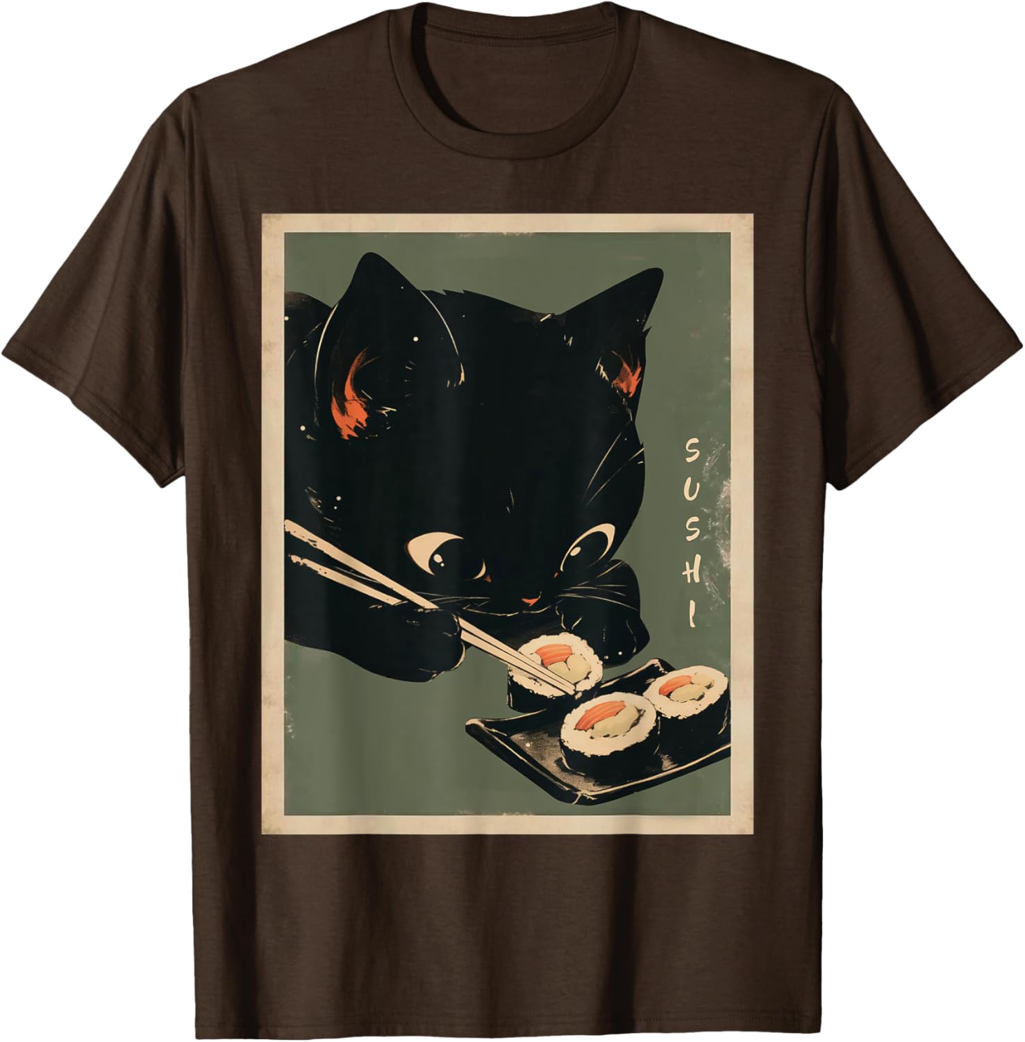 Kawaii Cat Eating Sushi Anime T-Shirt for Cute Cat Lovers - 1