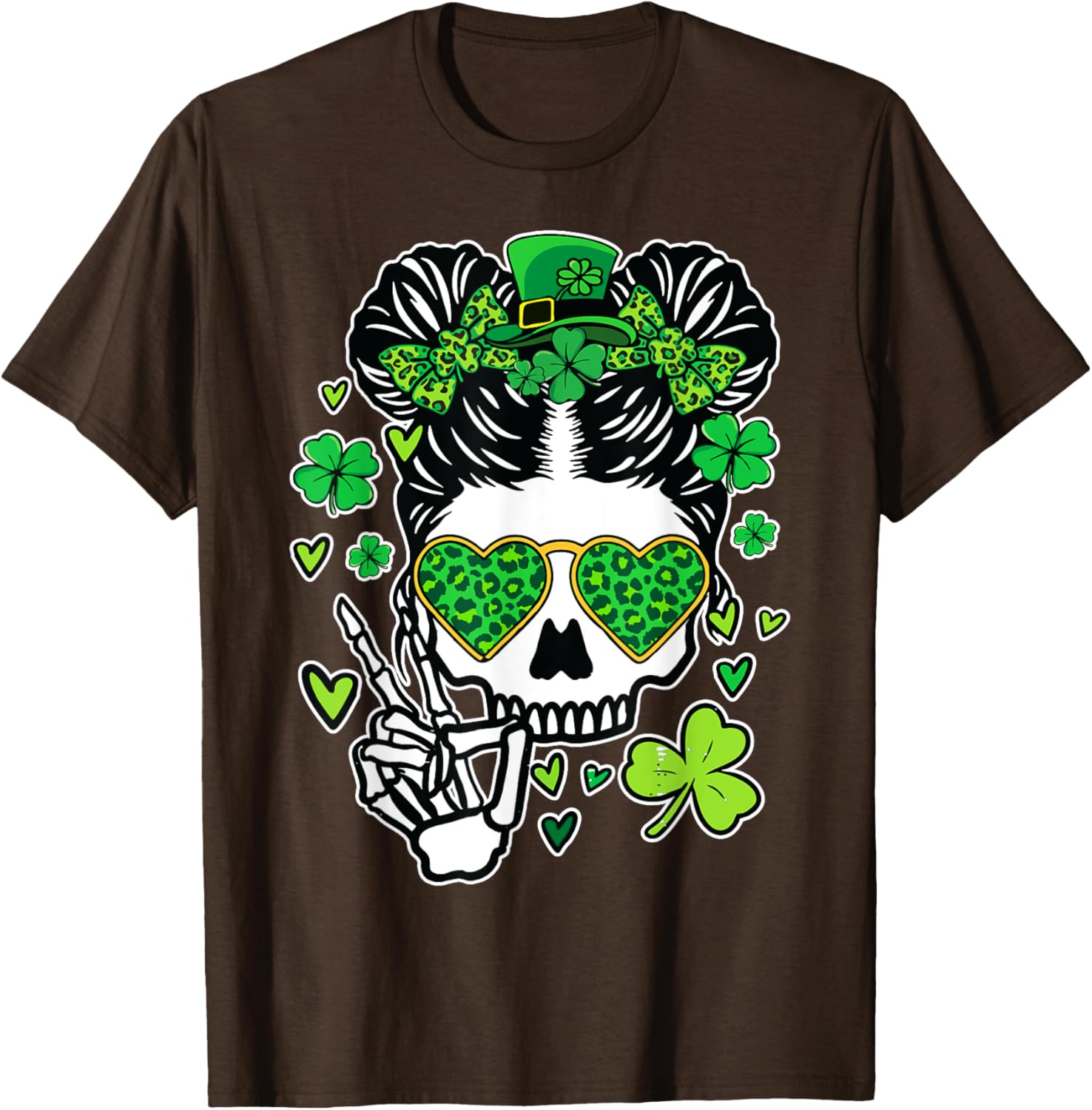 St Patrick's Day Skull Messy Bun Women’s T-Shirt for Festive Style - 12