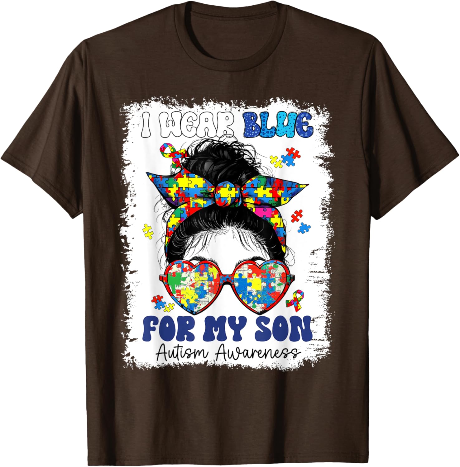 Mom Messy Bun Autism Awareness Puzzle T-Shirt for Proud Mothers - 16