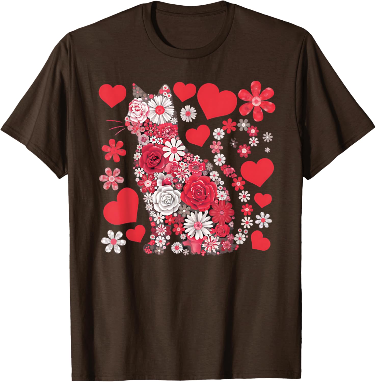 Cute Cat Floral Hearts Valentine’s Day T-Shirt for Kids and Adults - 7