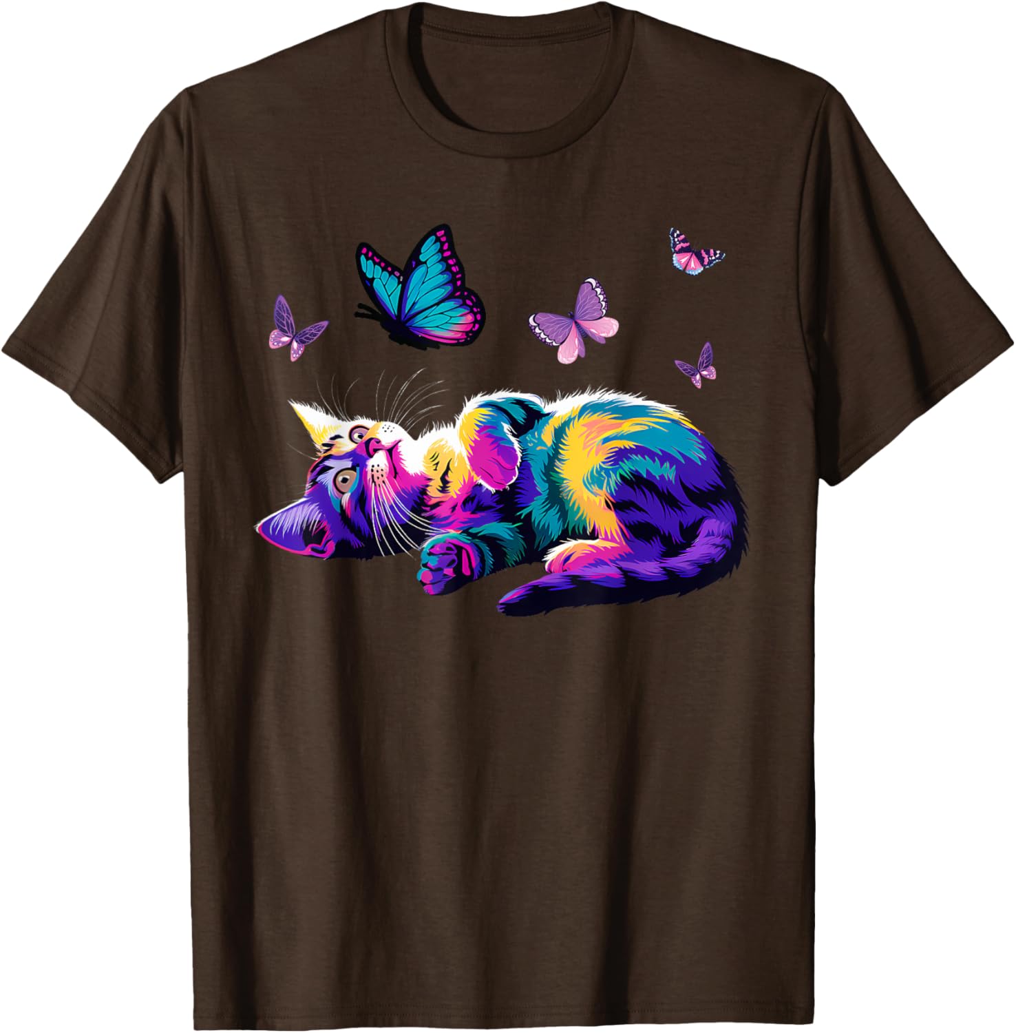 Colorful Cute Cat Playing with Butterfly T-Shirt for Cat Lovers Kids and Adults - 18