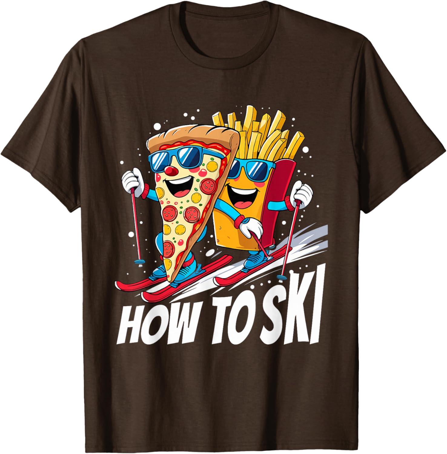 Funny Pizza French Fries Skiing T-Shirt for Ski Lovers and Enthusiasts - 21