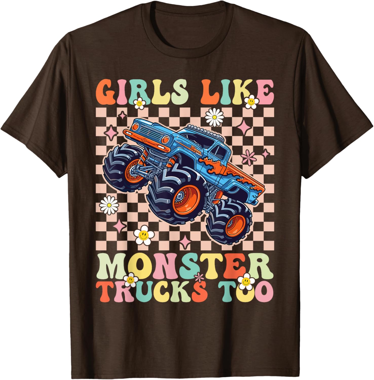 Funny Girls Love Monster Trucks Too Pink T-Shirt for Kids and Teens - 14