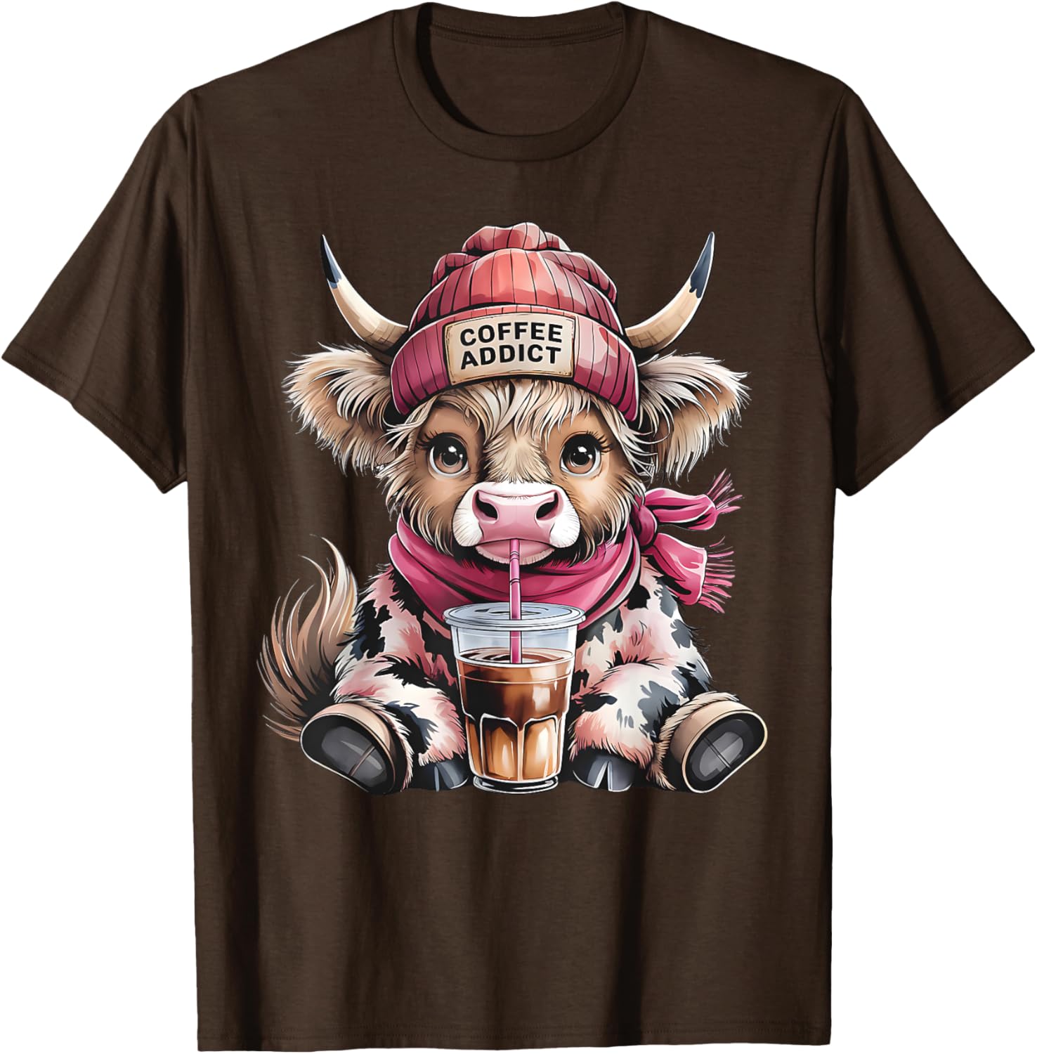 Cute Highland Cow Coffee Addict T-Shirt for Women with Beanie Hat - 22