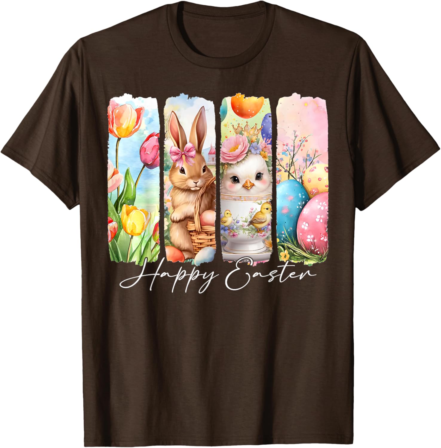 Retro Bunny and Chick Happy Easter T-Shirt with Floral Design - 14