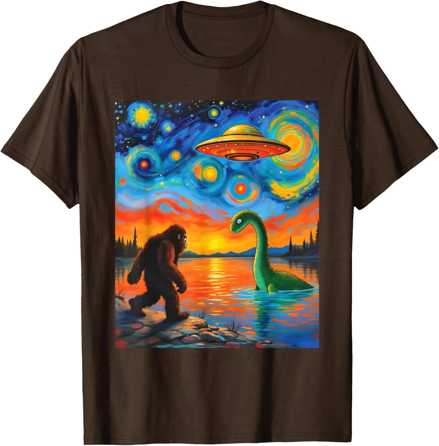Bigfoot UFO Alien Encounter T-Shirt Inspired by Van Gogh's Starry Night - 22