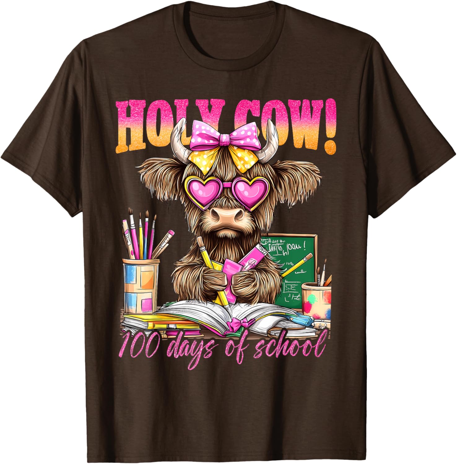 Cute Highland Cow 100 Days of School T-Shirt for Teachers and Kids - 25
