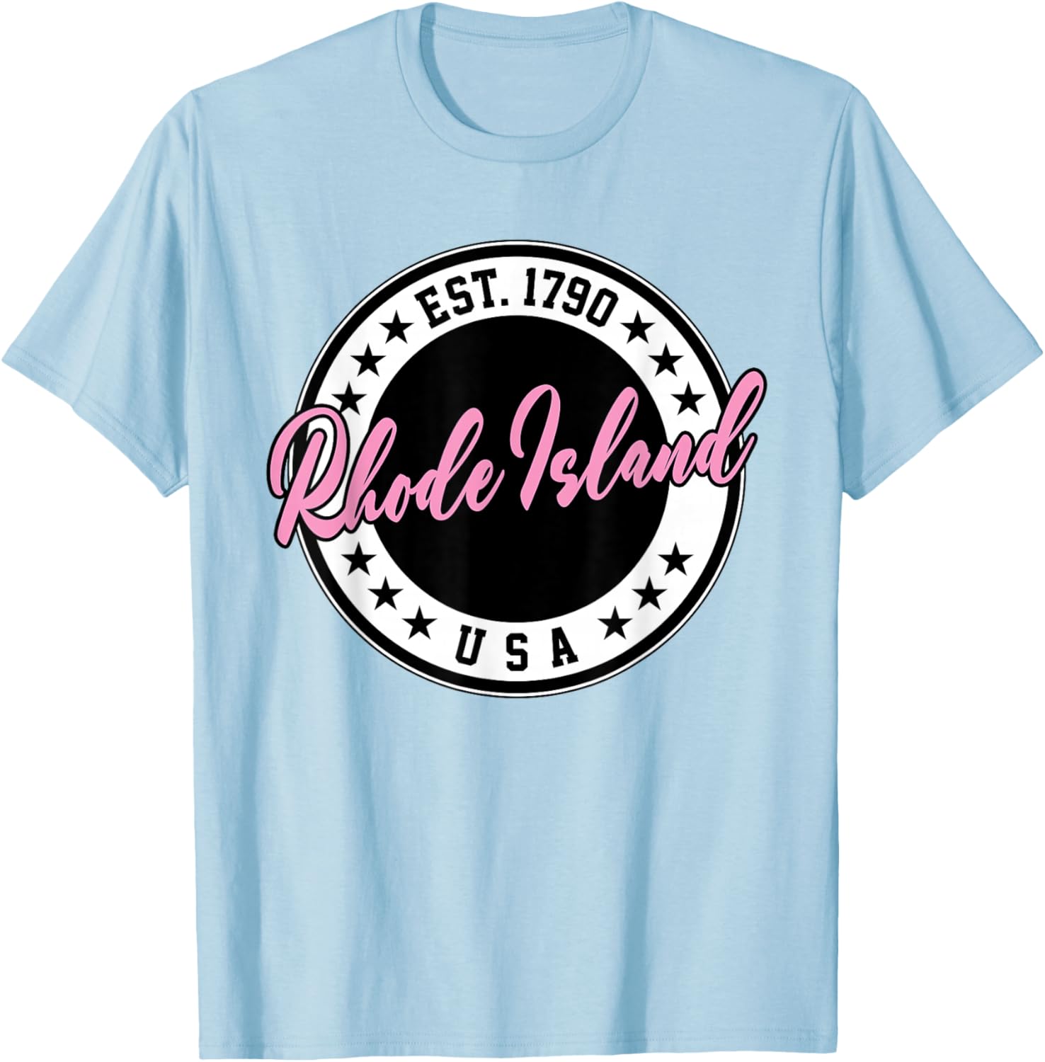 Rhode Island USA Script Circle Pink Text T-Shirt for Stylish Comfort - 18