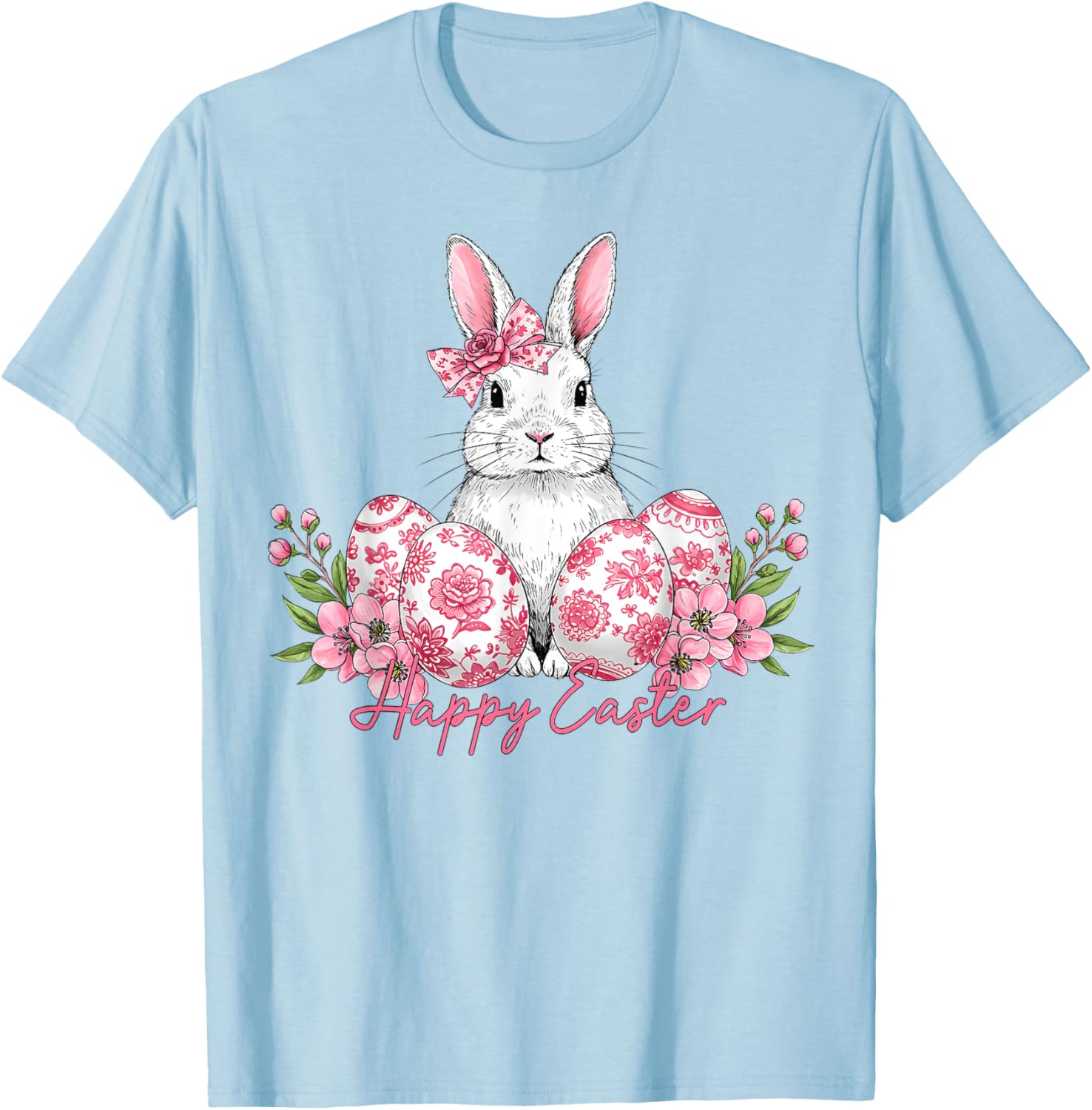 Happy Easter Chinoiserie Floral Bunny Bow T-Shirt for Festive Style - 9