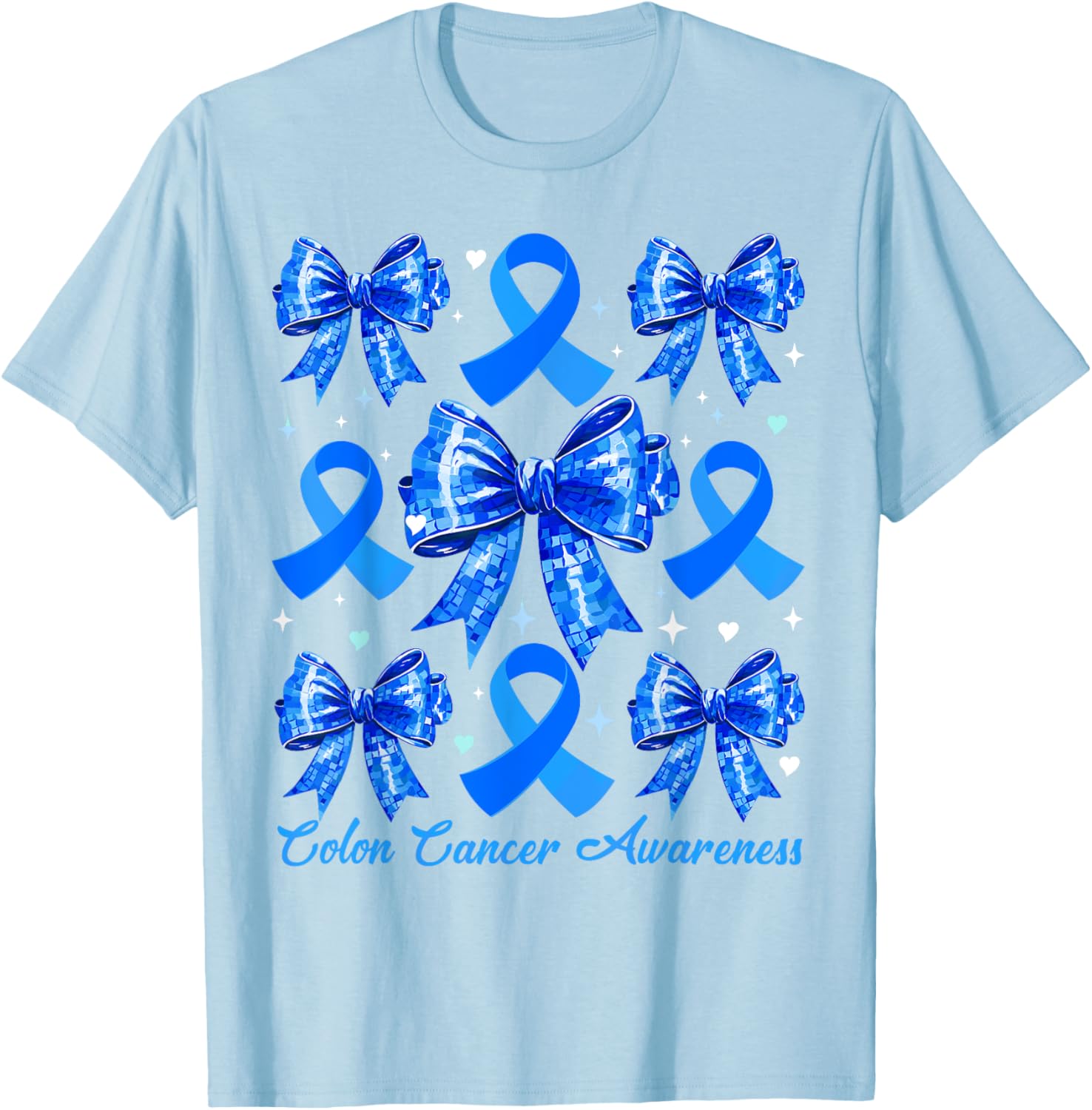 Retro Coquette Blue Ribbon T-Shirt for Women's Colon Cancer Awareness - 2
