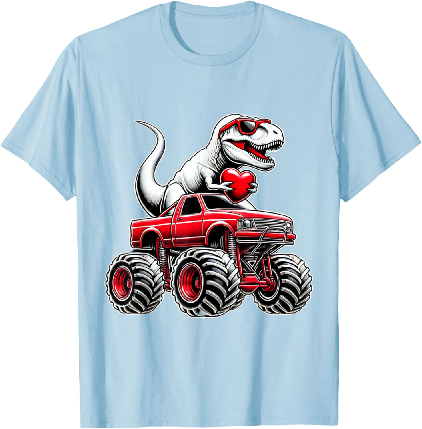 Funny T Rex Riding Monster Truck T-Shirt for Boys Celebrating Valentine's Day - 13