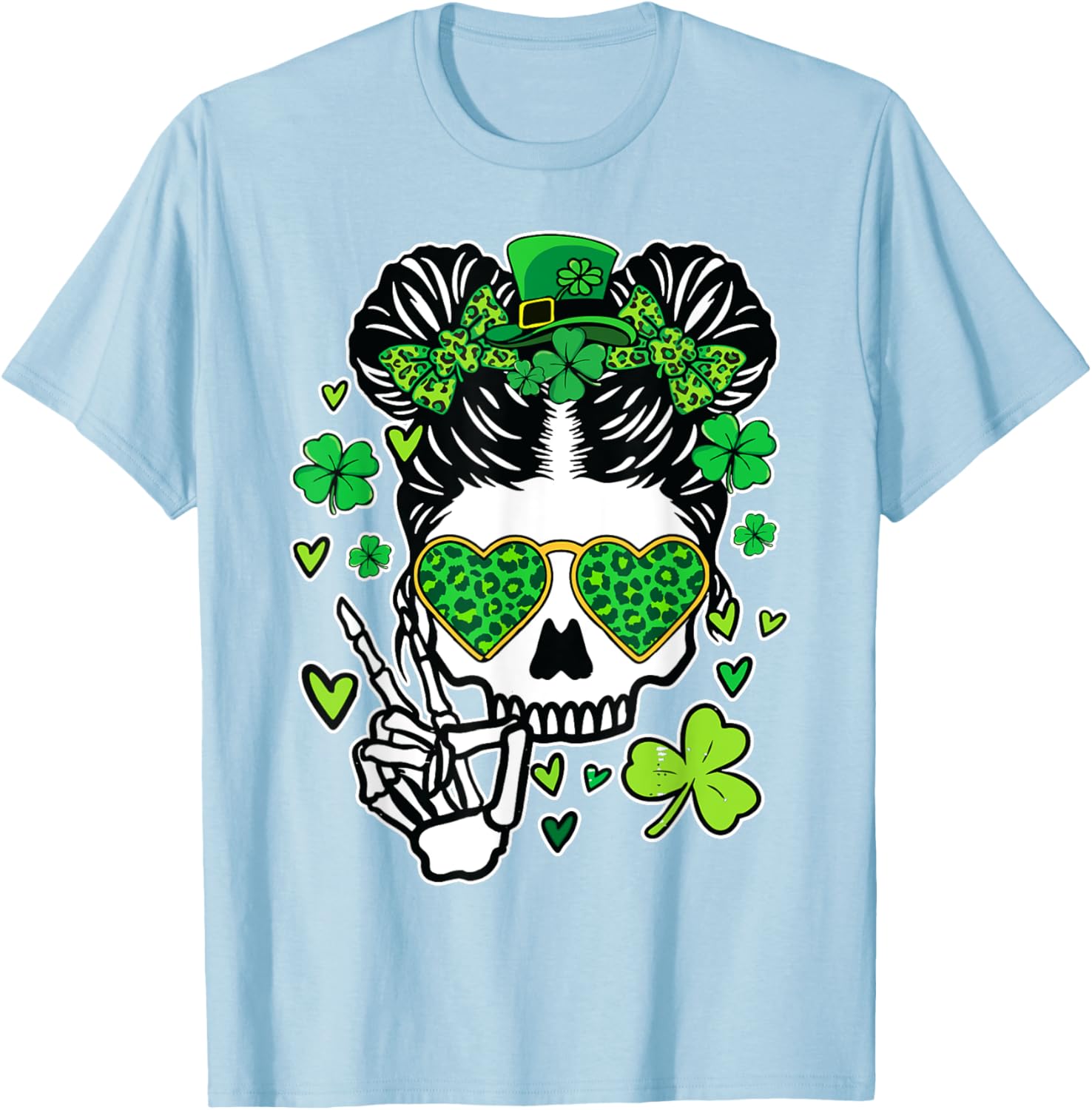 St Patrick's Day Skull Messy Bun Women’s T-Shirt for Festive Style - 27