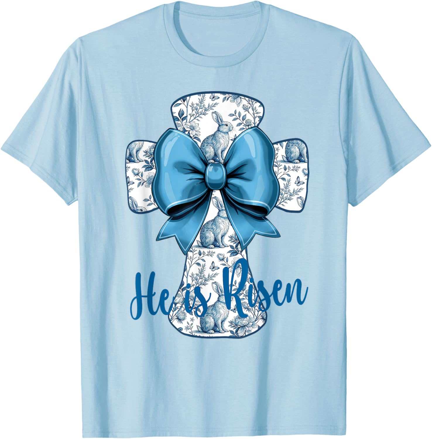 He Is Risen Blue Toile Cross Easter Christian T-Shirt for Faith Fans - 3