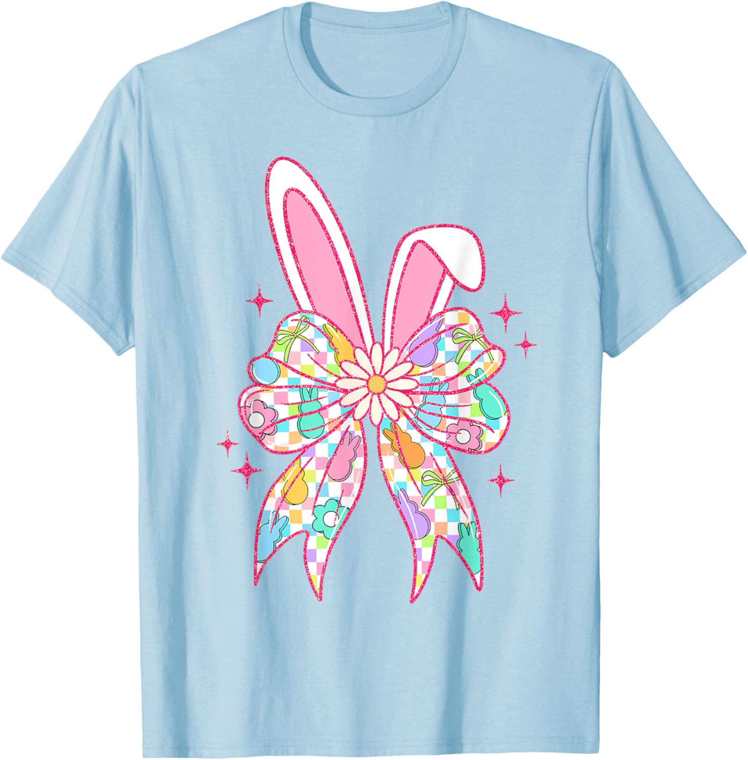 Groovy Checkered Bunny Bow Ears T-Shirt for Girls and Teens - 16