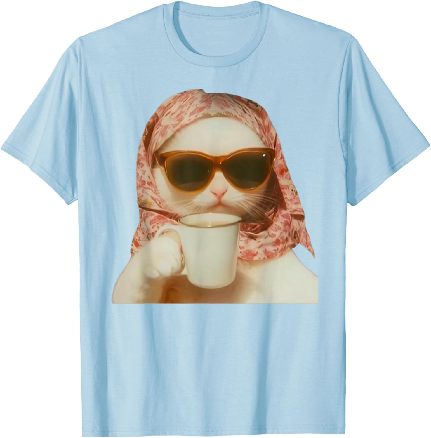 Funny Cat with Glasses and Headscarf Holding Cup T-Shirt for All Ages - 6