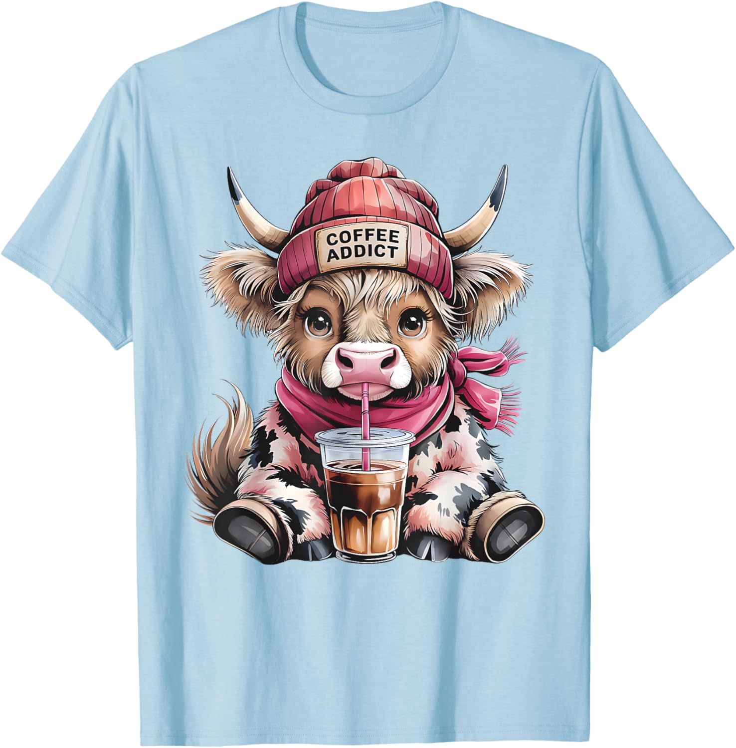 Cute Highland Cow Coffee Addict T-Shirt for Women with Beanie Hat - 10