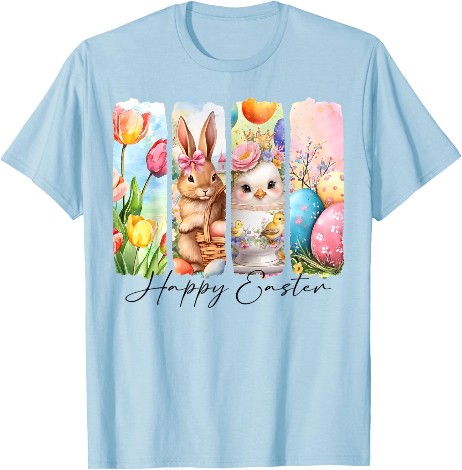 Retro Happy Easter Bunny and Chick T-Shirt with Floral Design - 3