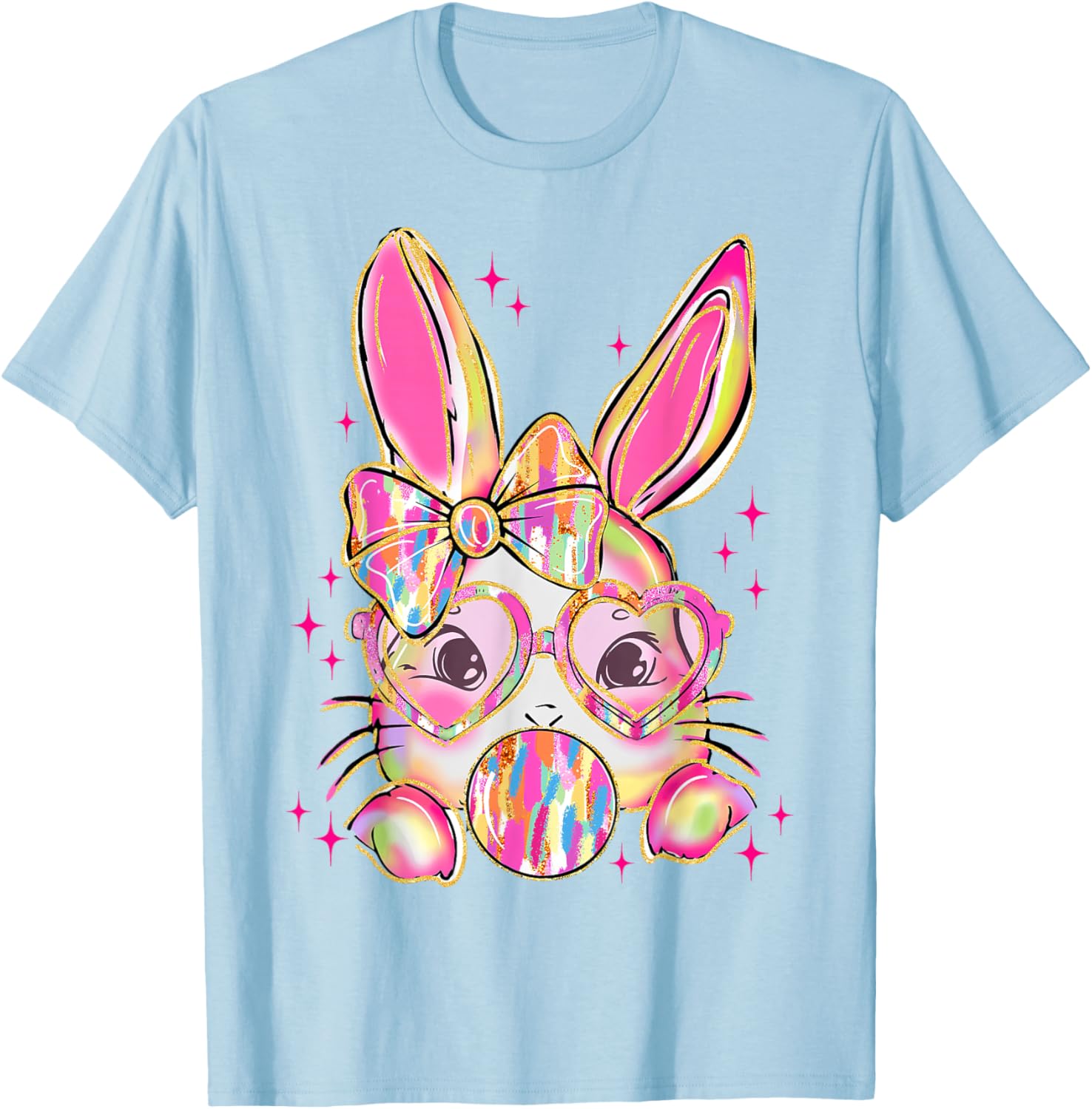 Cute Brushstroke Bunny Blowing Bubble Gum Easter Bow T-Shirt for Kids - 13