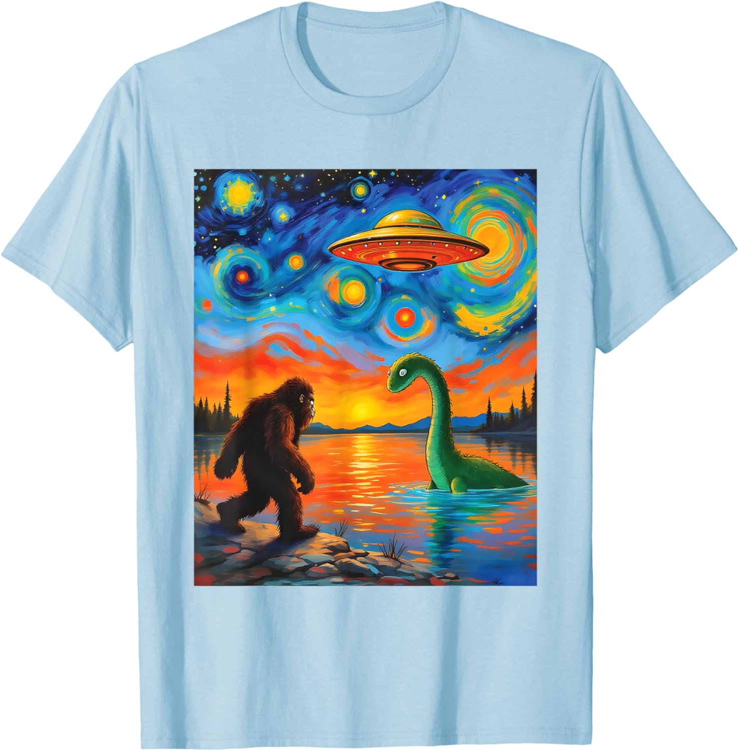 Bigfoot UFO Alien Encounter T-Shirt Inspired by Van Gogh's Starry Night - 23