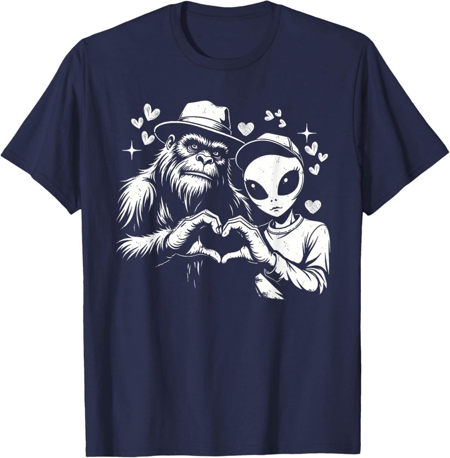 Funny Bigfoot and Alien Love Hand Sign T-Shirt for Unique Style - 13