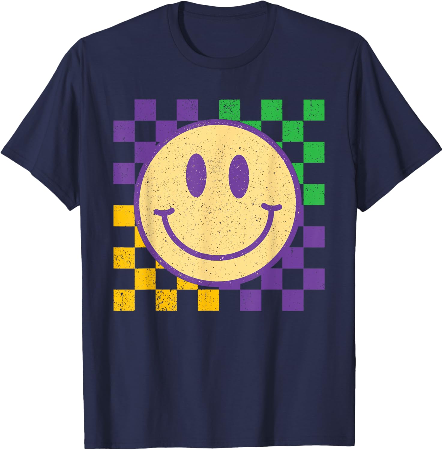 Groovy Mardi Gras Smile Face Checkered T-Shirt for Men, Women, Kids - 5